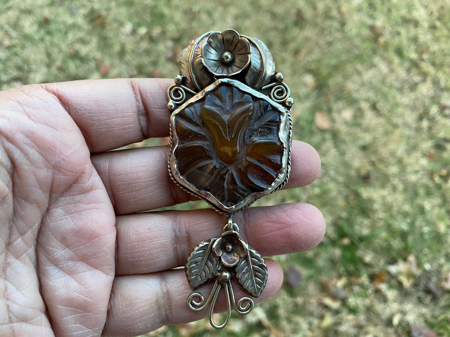 Large Flower Carved Carnelian Natural Stone Tibetan Silver Pendant, Unique Design, Himalayan Jewelry, Ethnic Jewelry for Women, Lotus Flower