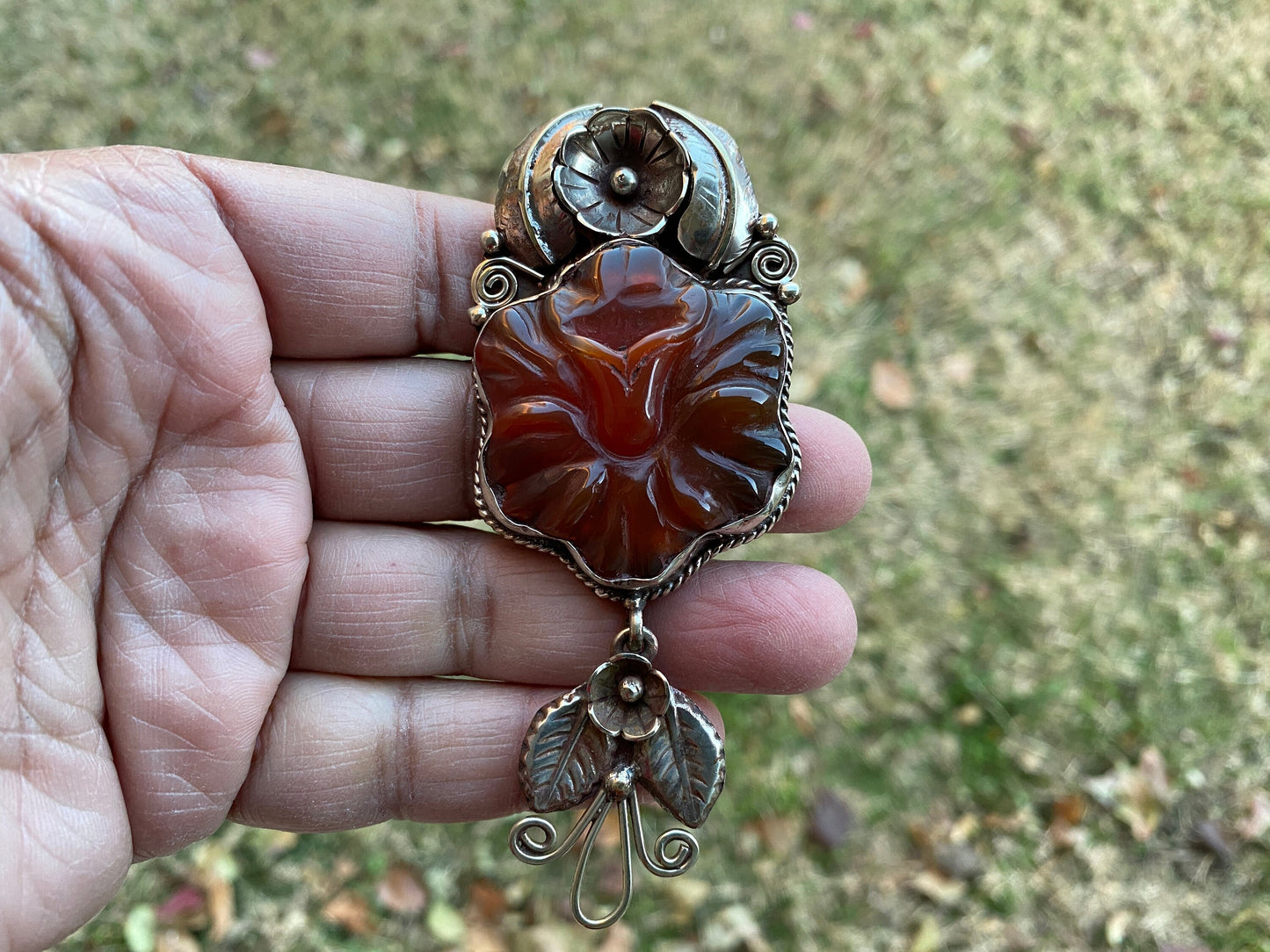 Large Flower Carved Carnelian Natural Stone Tibetan Silver Pendant, Unique Design, Himalayan Jewelry, Ethnic Jewelry for Women, Lotus Flower