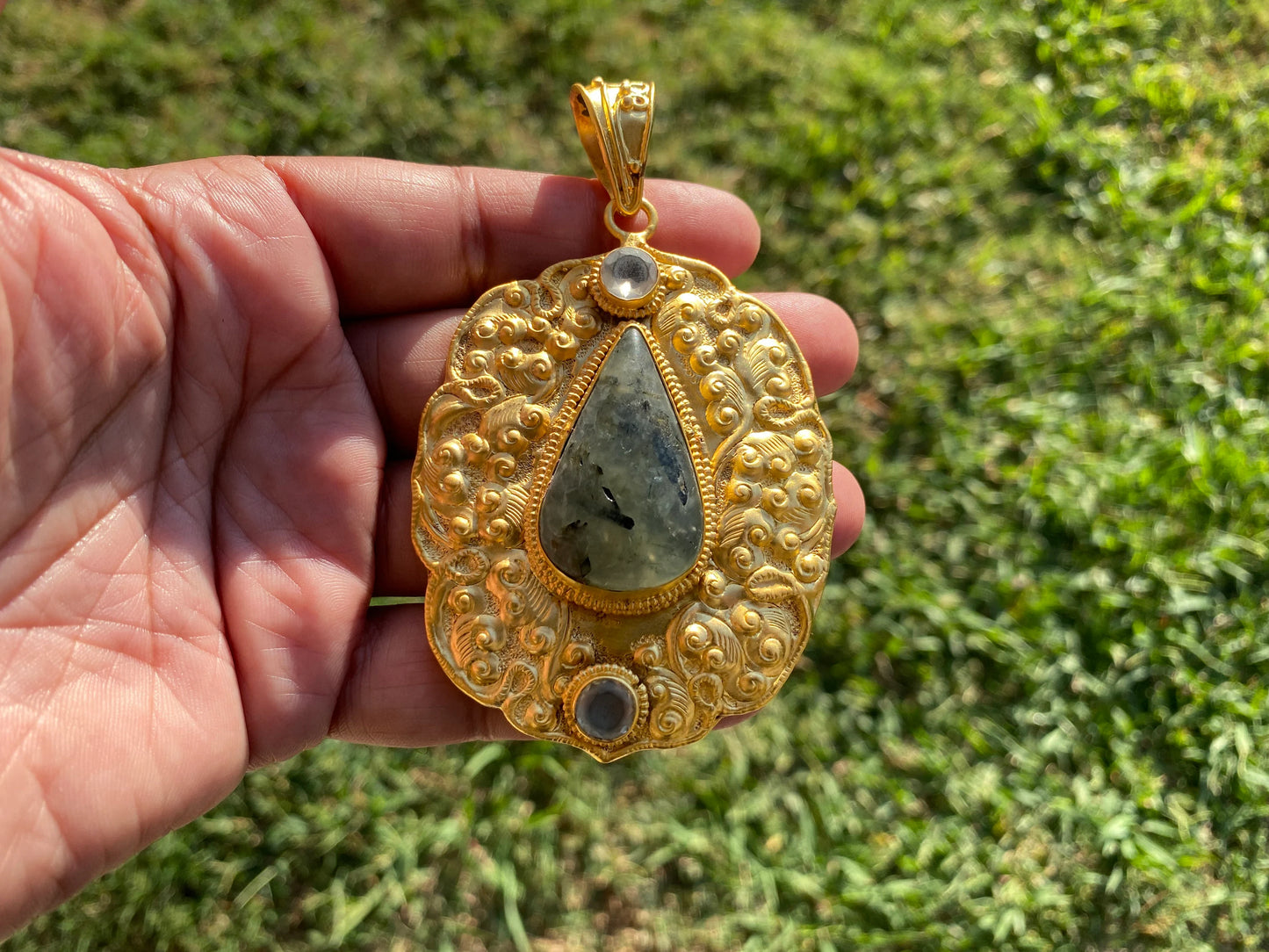 Large Fluorite Natural Stone Pendant, Non Tarnish Brushed Gold Overlay, Spiritual Talisman, Energy Amplifier, Mystical Aura, Vibrant Gem