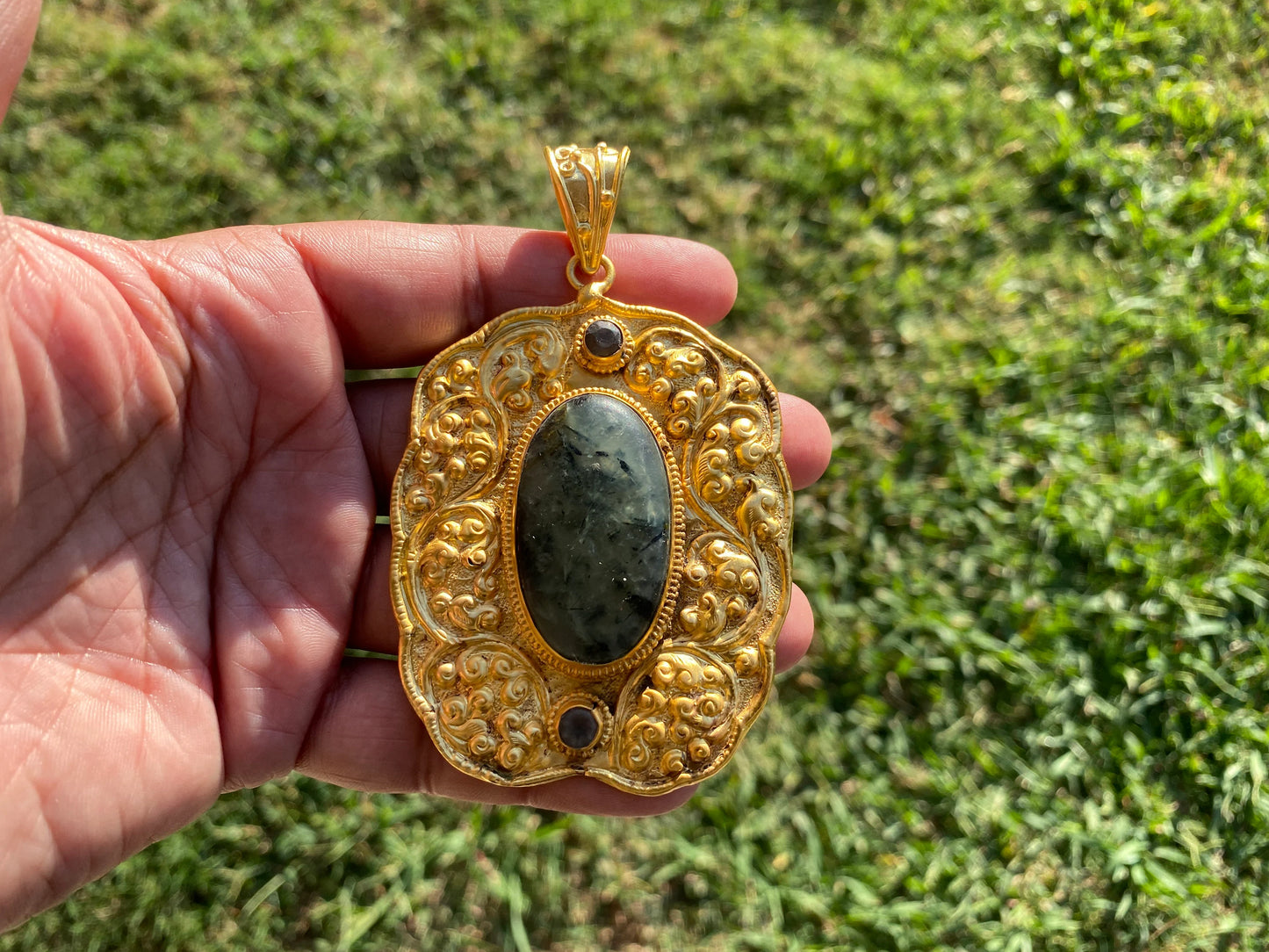 Large Fluorite Natural Stone Pendant, Non Tarnish Brushed Gold Overlay, Spiritual Talisman, Energy Amplifier, Mystical Aura, Vibrant Gem