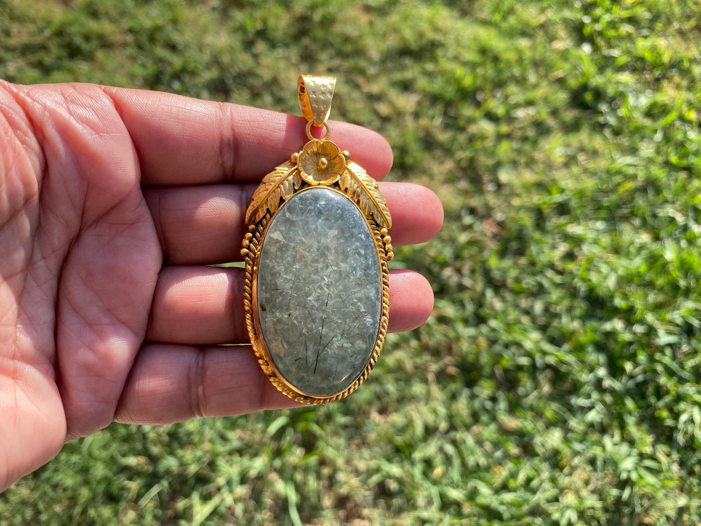 Large Fluorite Natural Stone Pendant, Non Tarnish Brushed Gold Overlay, Spiritual Talisman, Energy Amplifier, Mystical Aura, Vibrant Gem