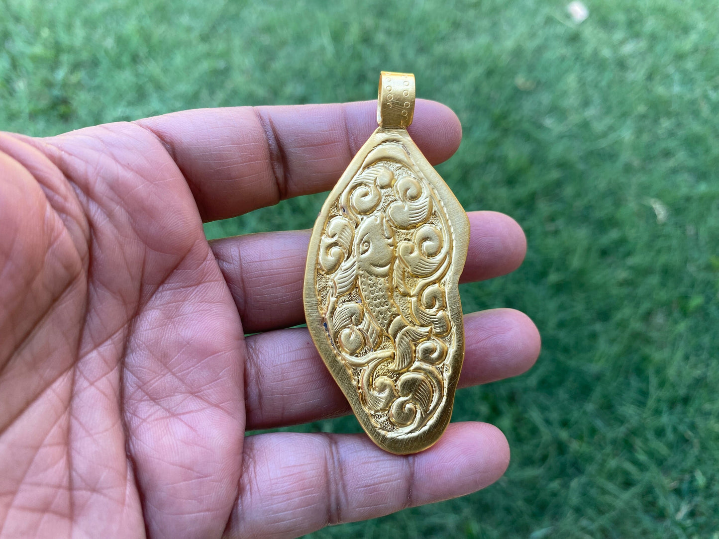 Large Ganesh Carved Bone Pendant, 18K Brushed Gold Overlay Non Tarnish, Buffalo Bone, Ethnic Jewelry, Spiritual Pendant, for Men or Women