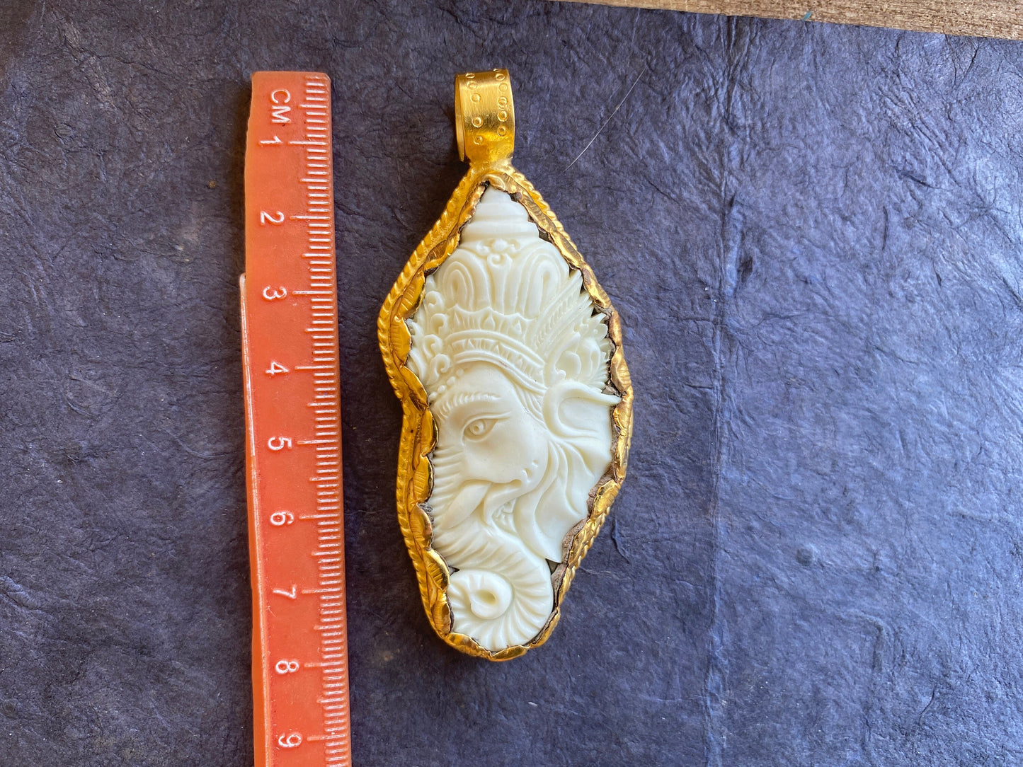 Large Ganesh Carved Bone Pendant, 18K Brushed Gold Overlay Non Tarnish, Buffalo Bone, Ethnic Jewelry, Spiritual Pendant, for Men or Women