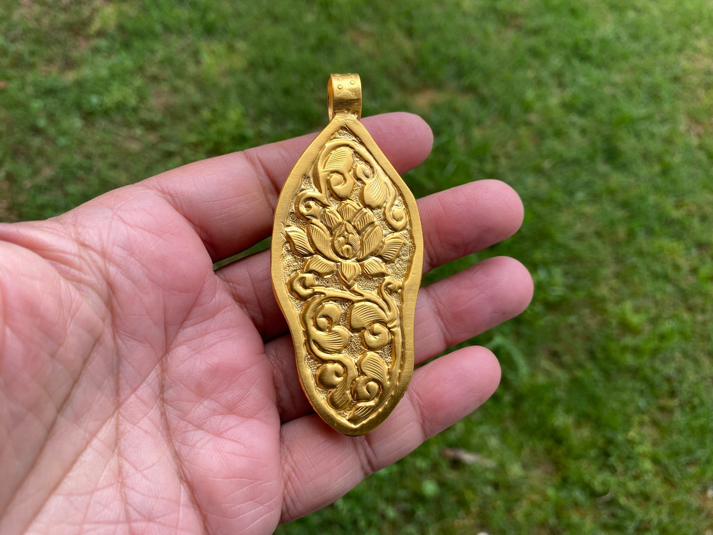 Large Ganesh Carved Bone Pendant, 18K Brushed Gold Overlay Non Tarnish, Buffalo Bone, Ethnic Jewelry, Spiritual Pendant, for Men or Women