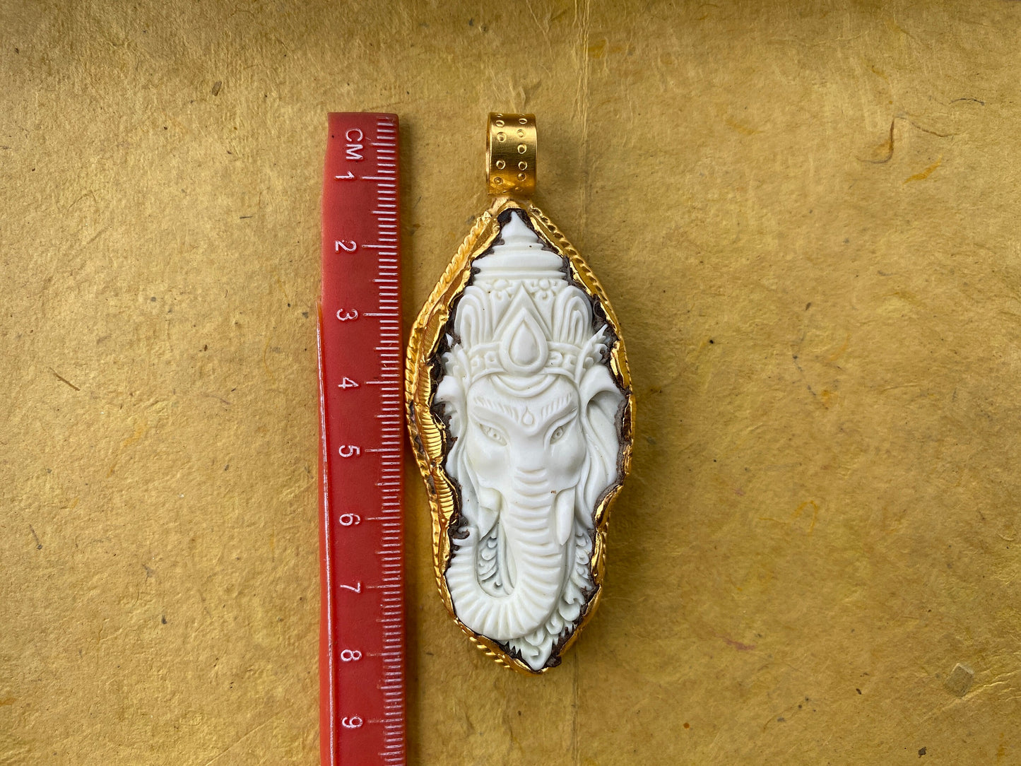 Large Ganesh Carved Bone Pendant, 18K Brushed Gold Overlay Non Tarnish, Buffalo Bone, Ethnic Jewelry, Spiritual Pendant, for Men or Women