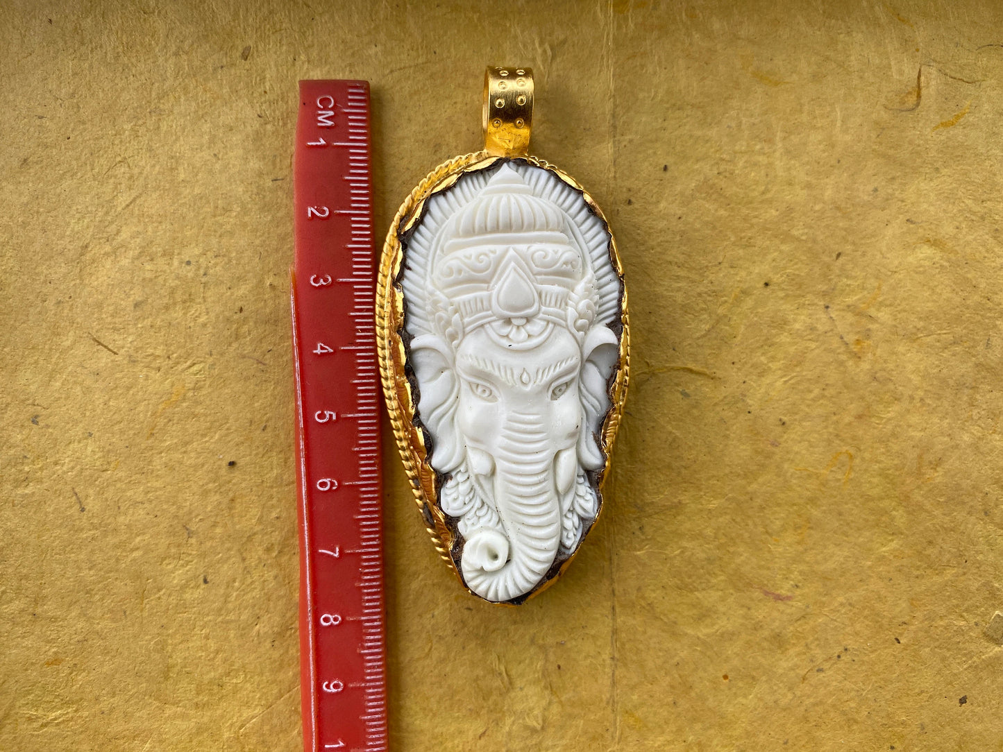 Large Ganesh Carved Buffalo Bone Pendant, 18K Brushed Gold Overlay Non Tarnish, Ethnic Jewelry, Spiritual Pendant, for Men or Women