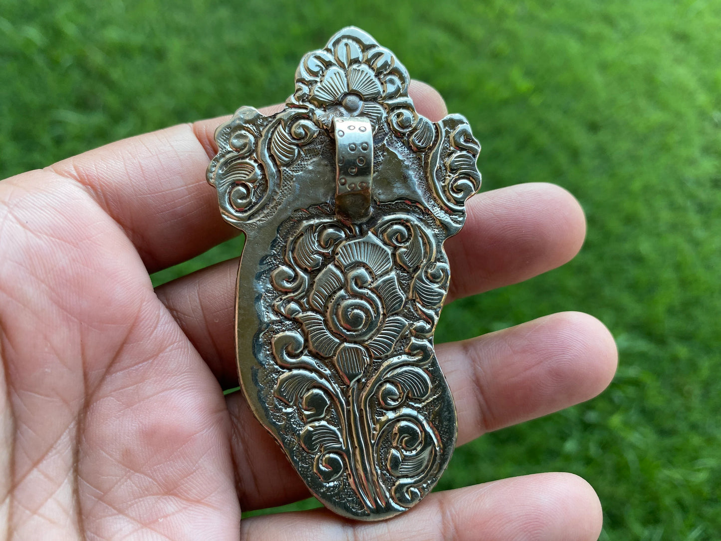 Large Ganesh Carved Buffalo Bone Tibetan Silver Pendant, Yoga Pendant, Ethnic Jewelry, Tribal, Spiritual Pendant, for Women, Flower Designs