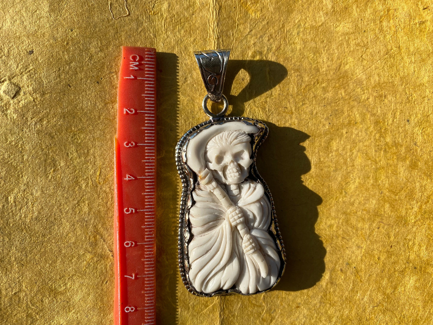 Large Grim Reaper Hand carved Bone Tibet Silver Pendant, Tribal Pendant, Ethnic Designs, Tibetan Jewelry, Jewelry for Men or Women, Boho