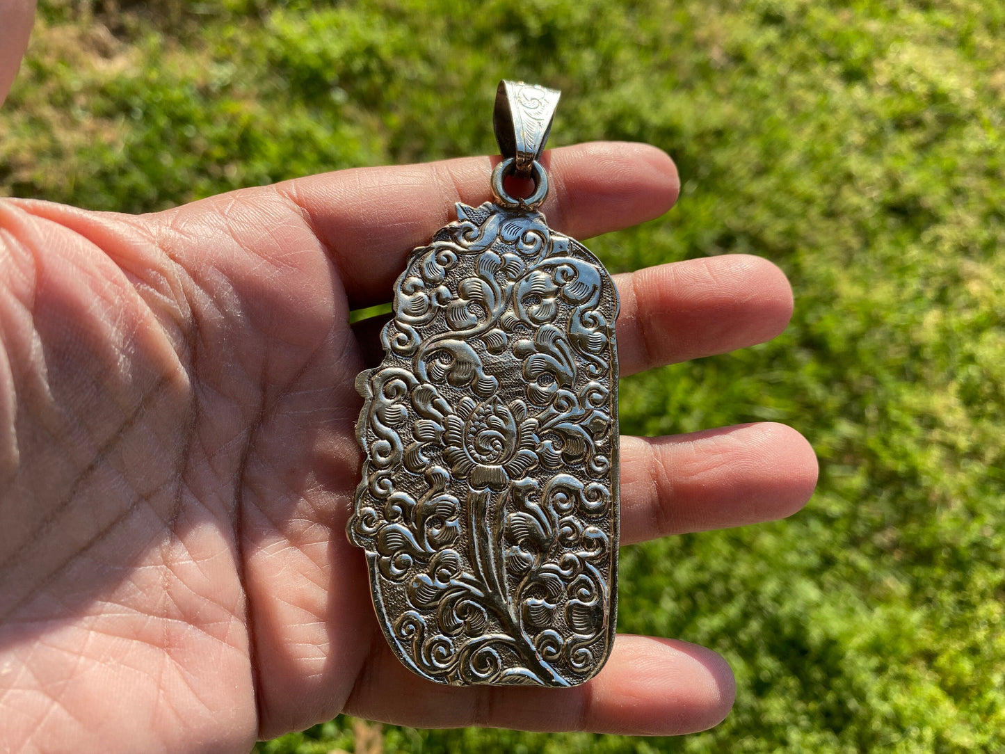 Large Hamsa Hand carved Buffalo Bone Tibetan Silver Hand Pendant, Evil Eye Defense, Hand of Fatima Spiritual Pendant, Hand of Protection