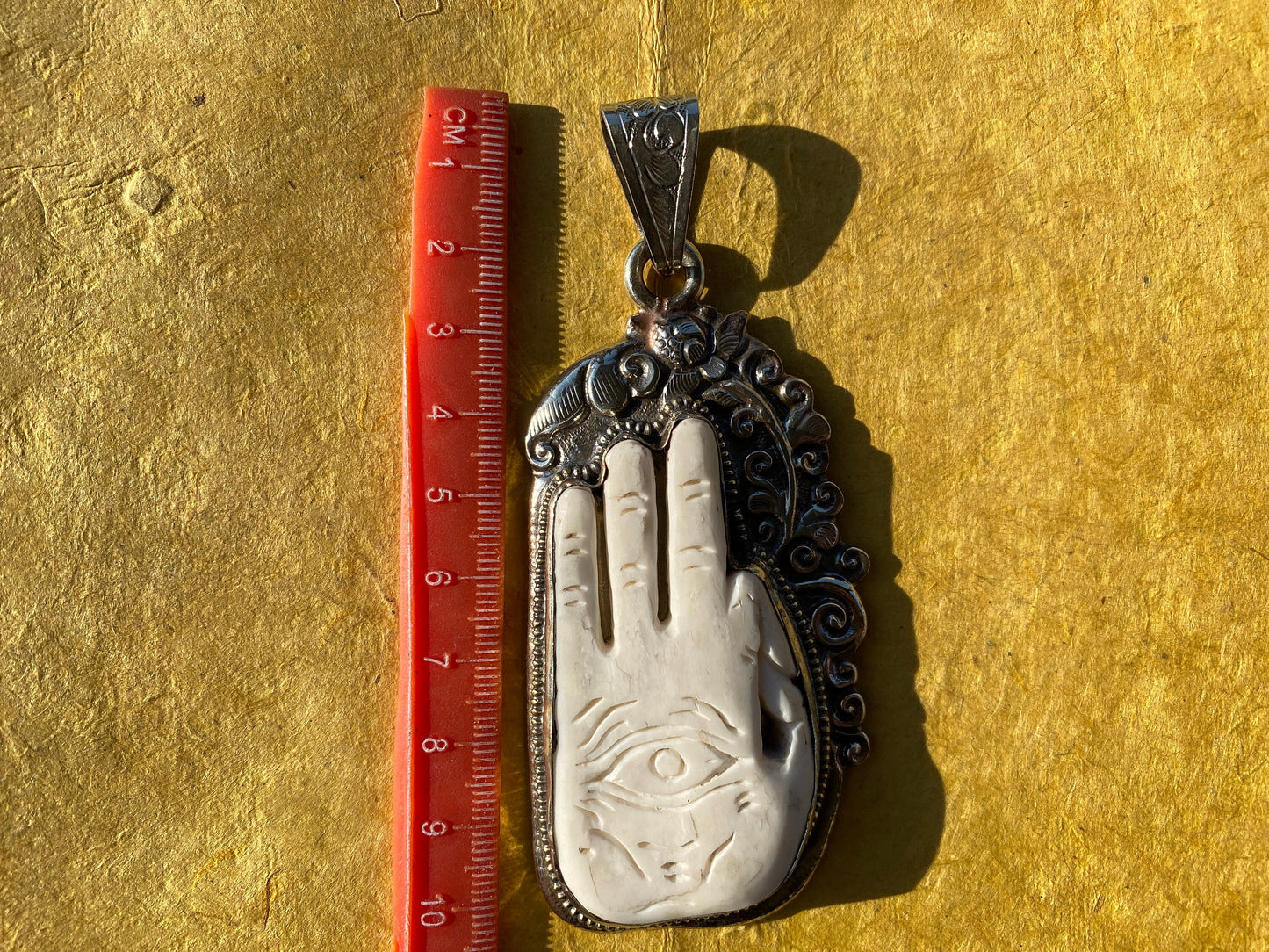 Large Hamsa Hand carved Buffalo Bone Tibetan Silver Hand Pendant, Evil Eye Defense, Hand of Fatima Spiritual Pendant, Hand of Protection