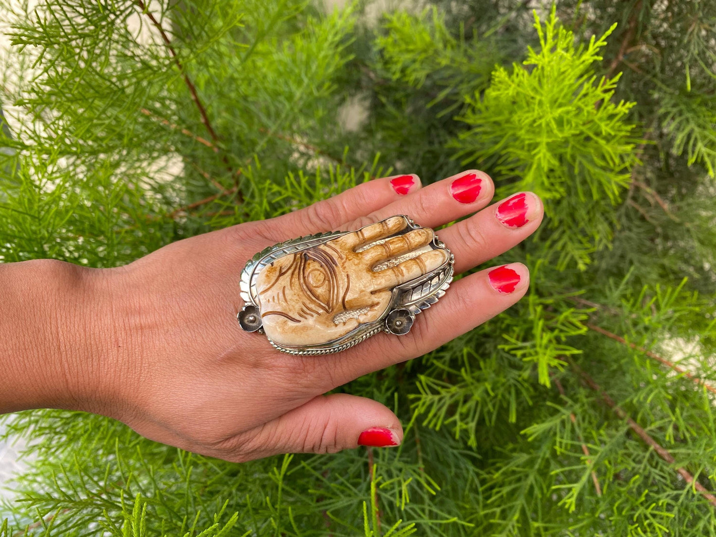Large Hamsa Hand carved Buffalo Bone Tibetan Silver Ring, Evil Eye Defense, Hand of Fatima Spiritual Ring, Hand of Protection,