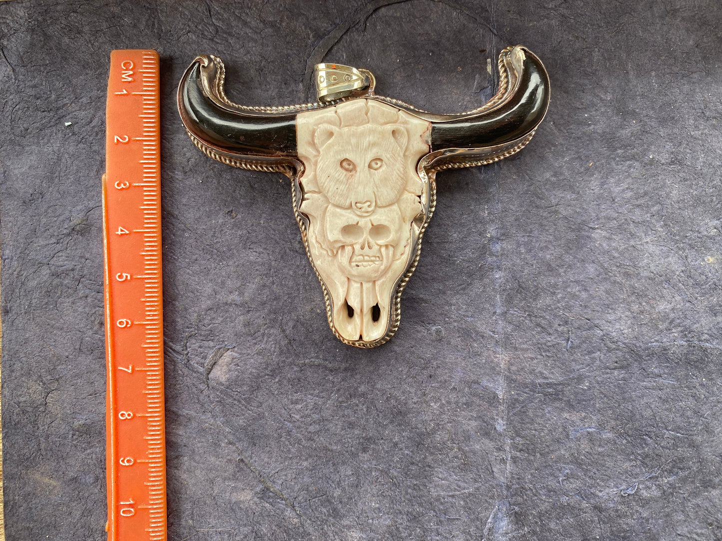 Large Hand Carved Bone Bull Head Skull with Bear Tibetan Silver Pendant, Buffalo Bone Pendant Skull Bull Ox Head Pendant for Men or Women