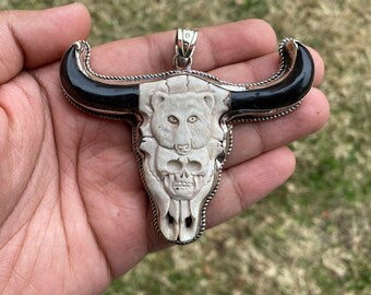 Large Hand Carved Bone Bull Head Skull with Bear Tibetan Silver Pendant, Buffalo Bone Pendant Skull Bull Ox Head Pendant for Men or Women