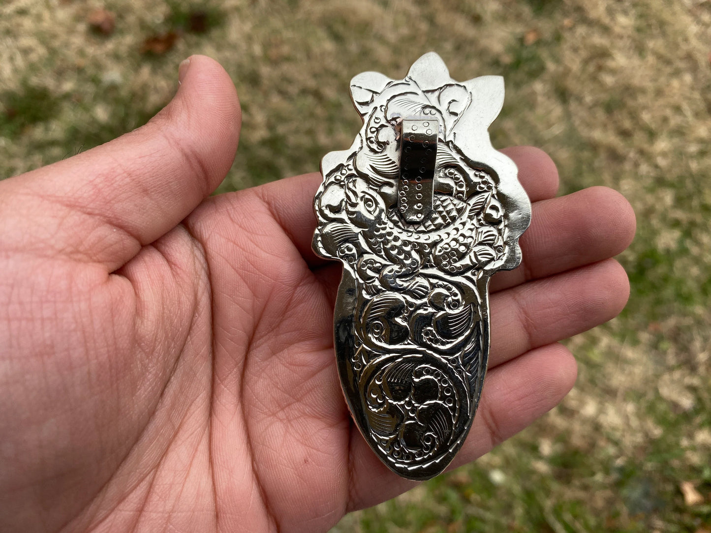 Large Hand Carved Bone Eagle & Fox with Red Indian Tibetan Silver Pendant, Native American Style Jewelry, Ethnic Jewelry, Spiritual Jewelry
