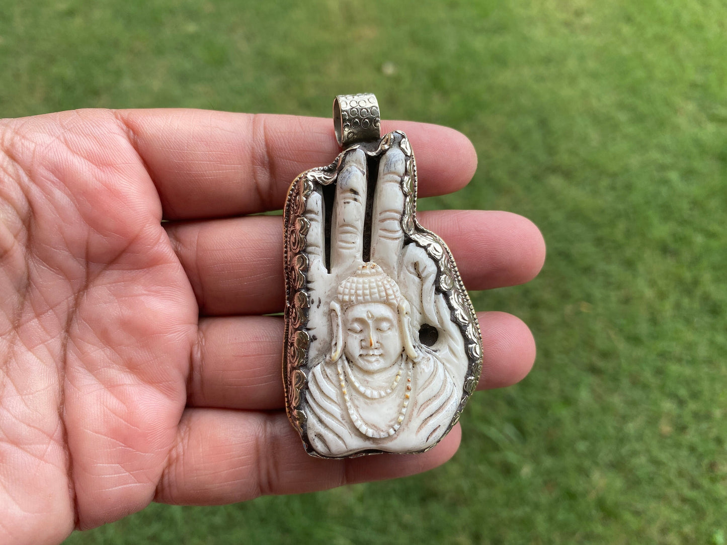 Large Hand Carved Bone Tibetan Silver Hand Pendant, Repousse Silver, Om Pendant or Buddha Pendant, Yoga Jewelry, Meditation Pendant, Hamsa