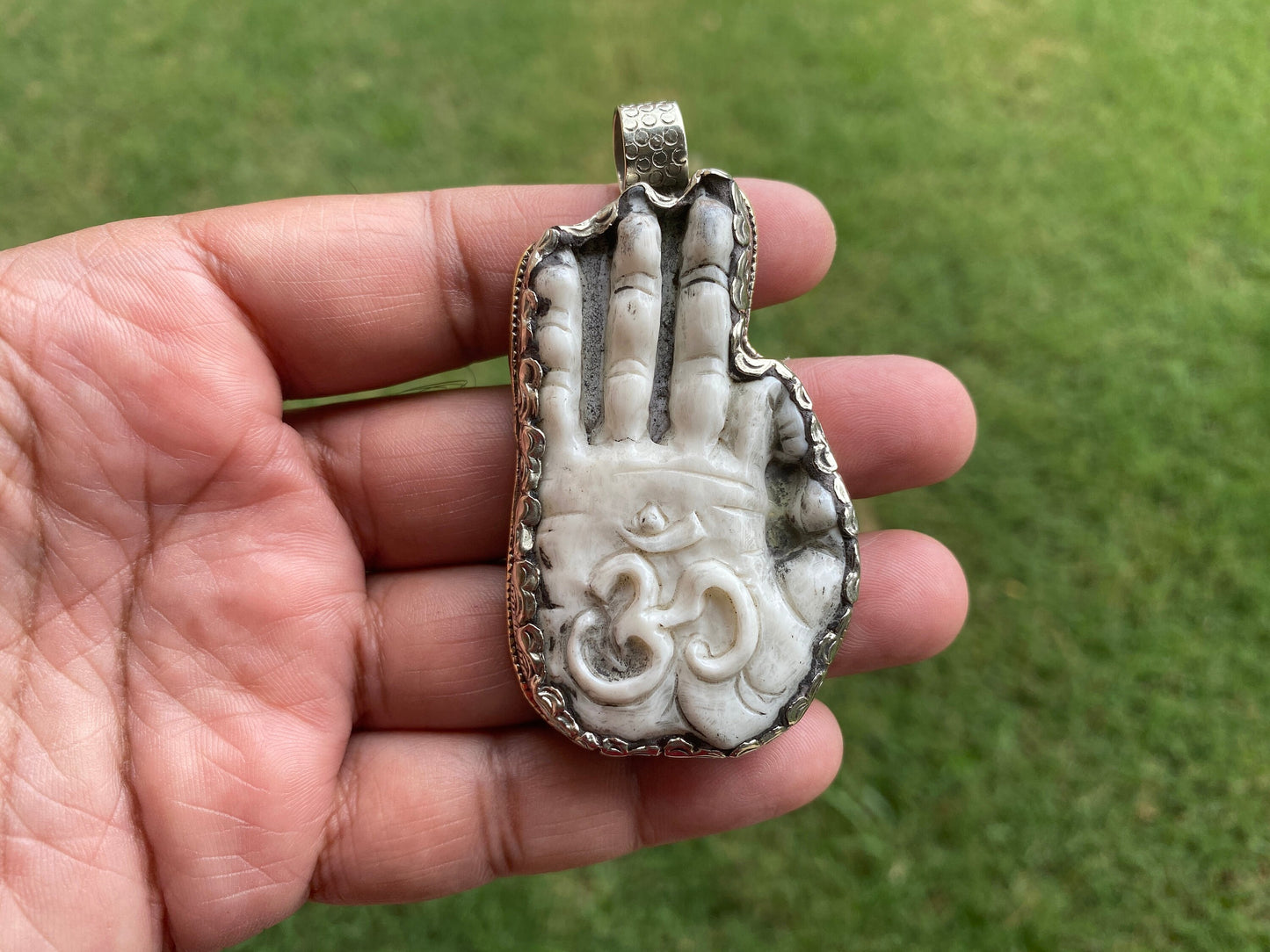 Large Hand Carved Bone Tibetan Silver Hand Pendant, Repousse Silver, Om Pendant or Buddha Pendant, Yoga Jewelry, Meditation Pendant, Hamsa