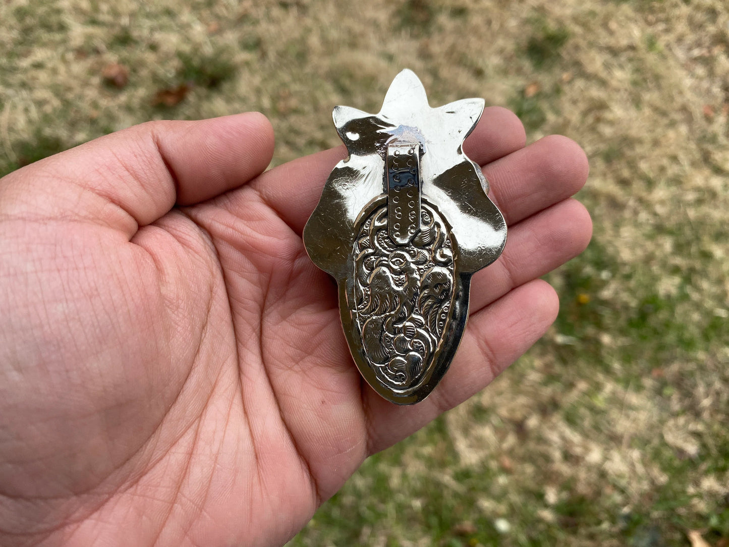Large Hand Carved Eagle with Bear Buffalo Bone Tibetan Silver Pendant, Jewelry for Men or Women, Ethnic Jewelry, Bone Animal Pendant