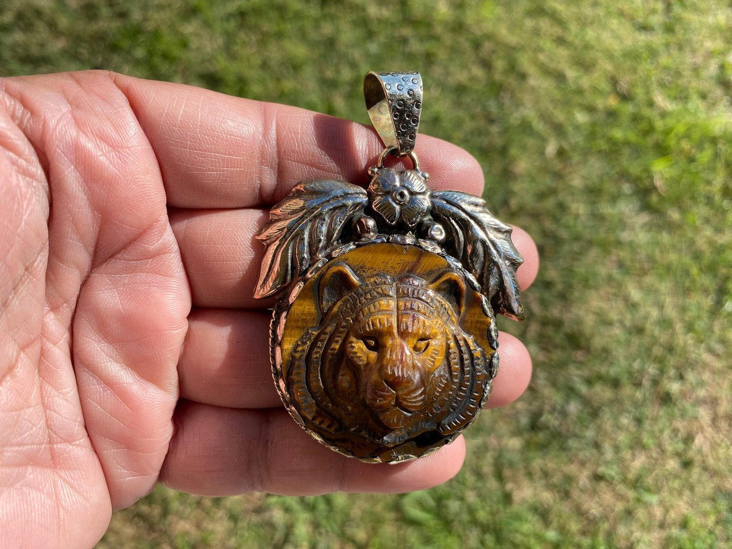 Large Hand Carved Tiger Natural Stone Tibetan Silver Pendant, Tiger Pendant, Natural Stone Tiger Design, Animal Jewelry, Wildlife Jewelry