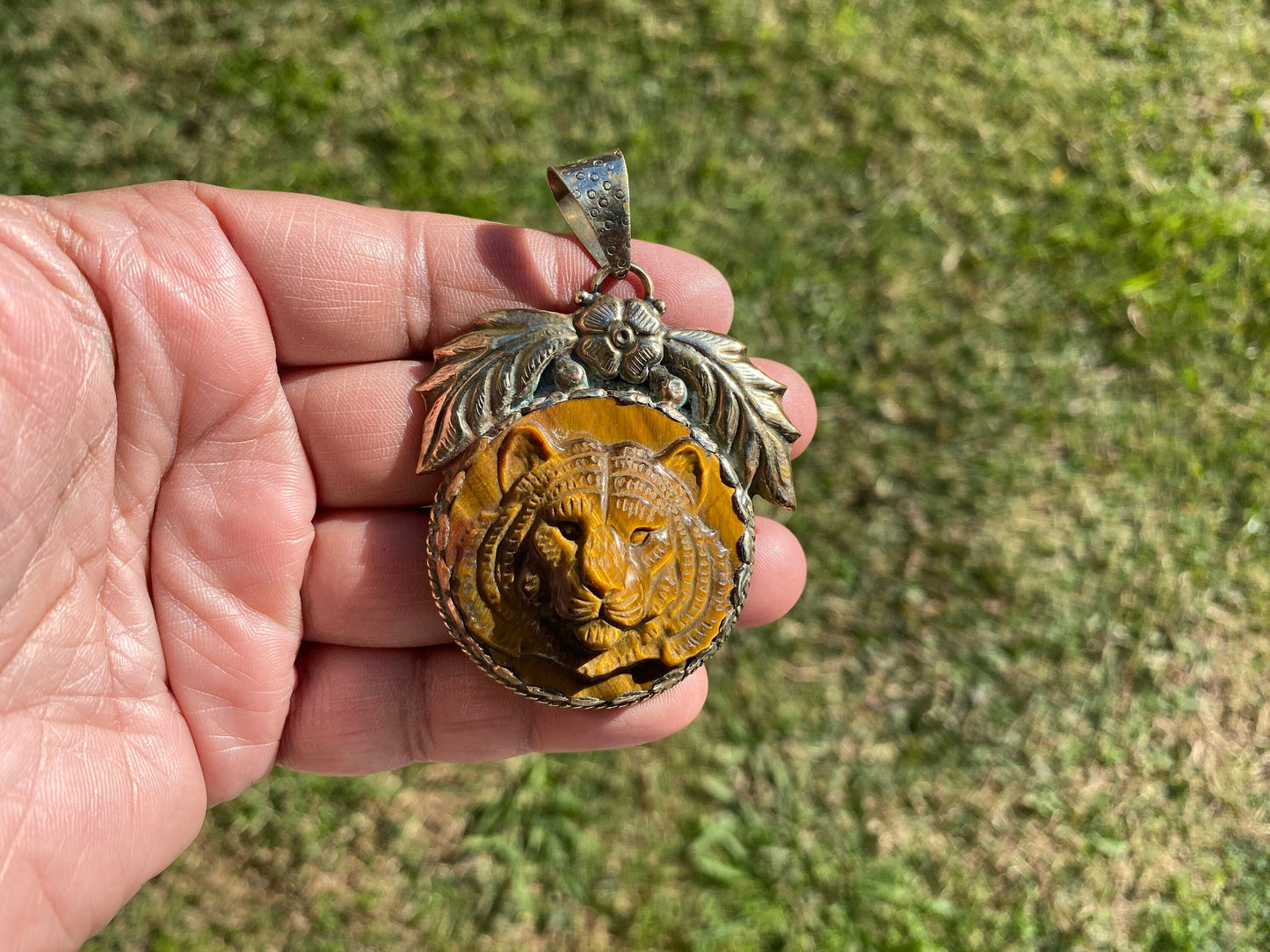 Large Hand Carved Tiger Natural Stone Tibetan Silver Pendant, Tiger Pendant, Natural Stone Tiger Design, Animal Jewelry, Wildlife Jewelry