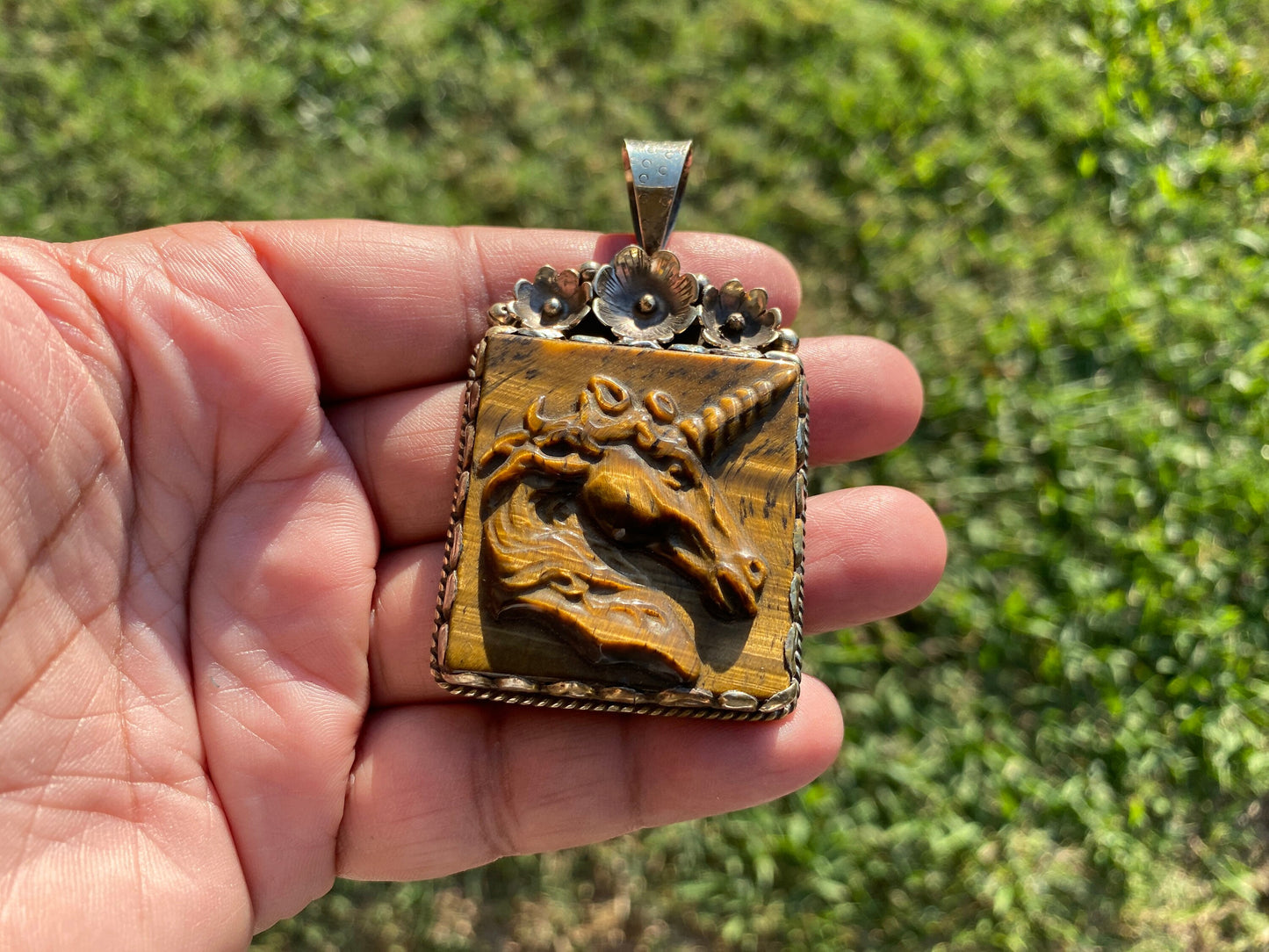 Large Hand Carved Unicorn Pendant, Tiger Eye Natural Stone, Tibetan Silver Pendant, Horse Pendant, Animal Lover's Jewelry, Mythical Jewelry