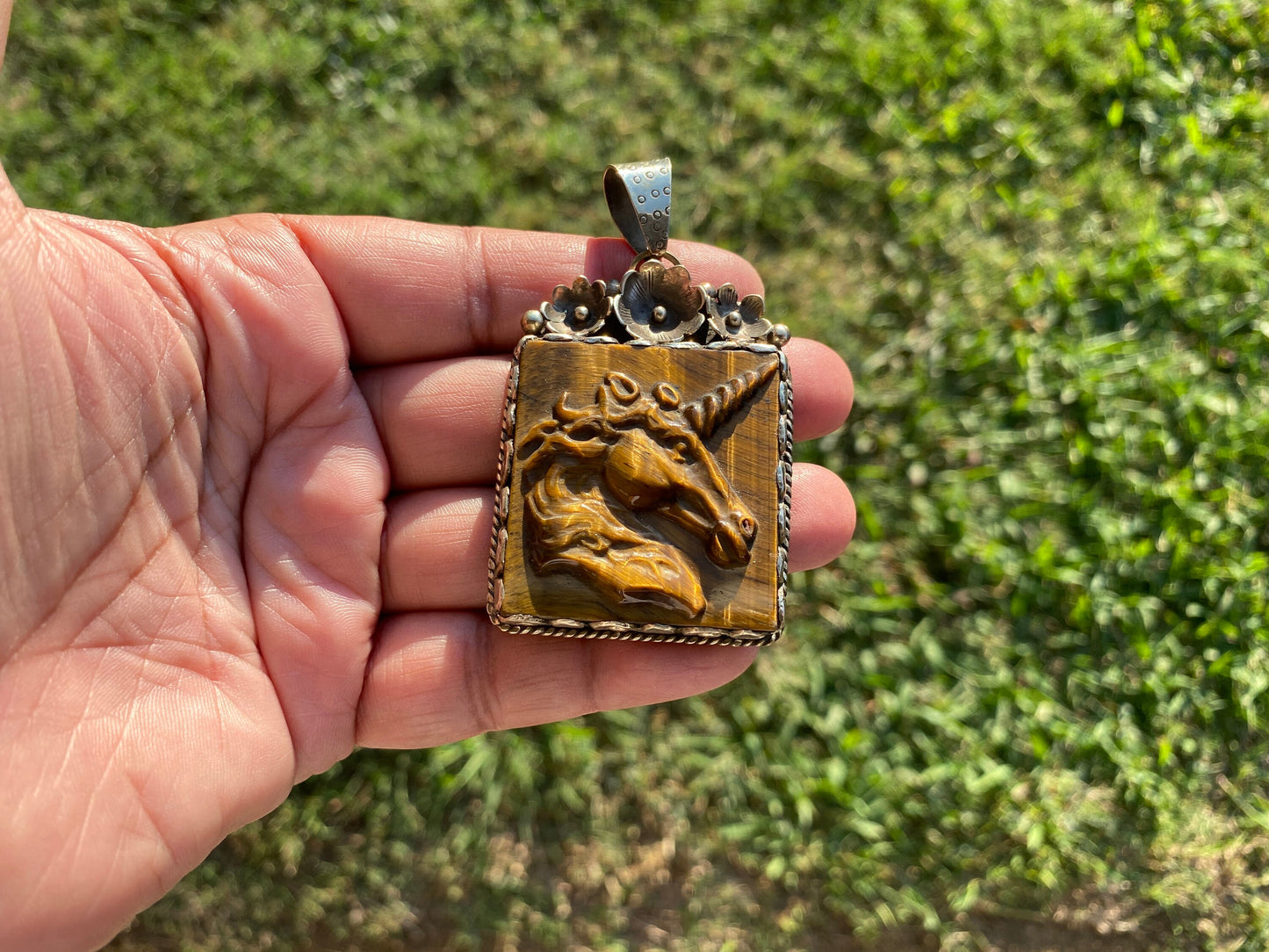 Large Hand Carved Unicorn Pendant, Tiger Eye Natural Stone, Tibetan Silver Pendant, Horse Pendant, Animal Lover's Jewelry, Mythical Jewelry
