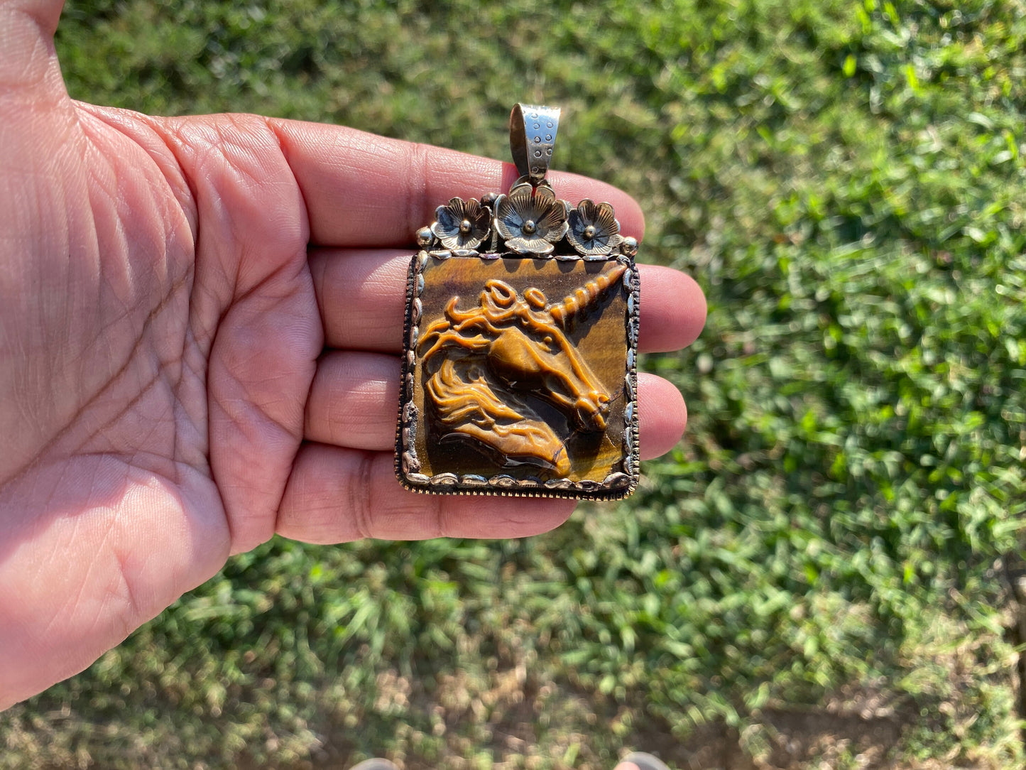 Large Hand Carved Unicorn Pendant, Tiger Eye Natural Stone, Tibetan Silver Pendant, Horse Pendant, Animal Lover's Jewelry, Mythical Jewelry