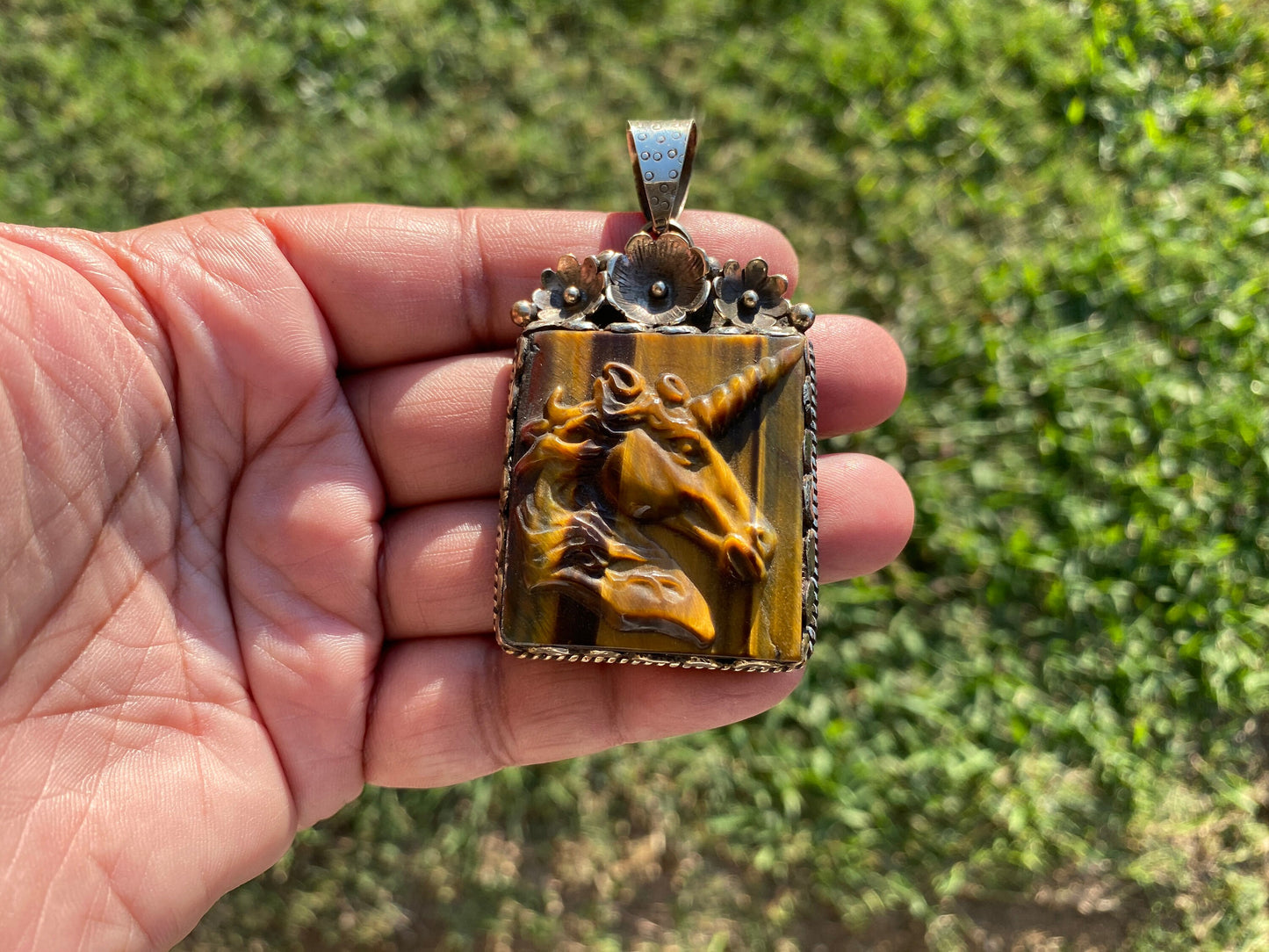Large Hand Carved Unicorn Pendant, Tiger Eye Natural Stone, Tibetan Silver Pendant, Horse Pendant, Animal Lover's Jewelry, Mythical Jewelry