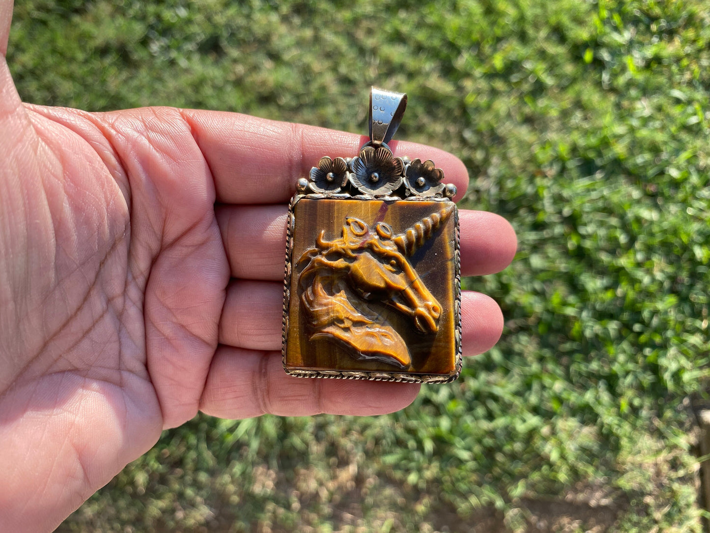 Large Hand Carved Unicorn Pendant, Tiger Eye Natural Stone, Tibetan Silver Pendant, Horse Pendant, Animal Lover's Jewelry, Mythical Jewelry