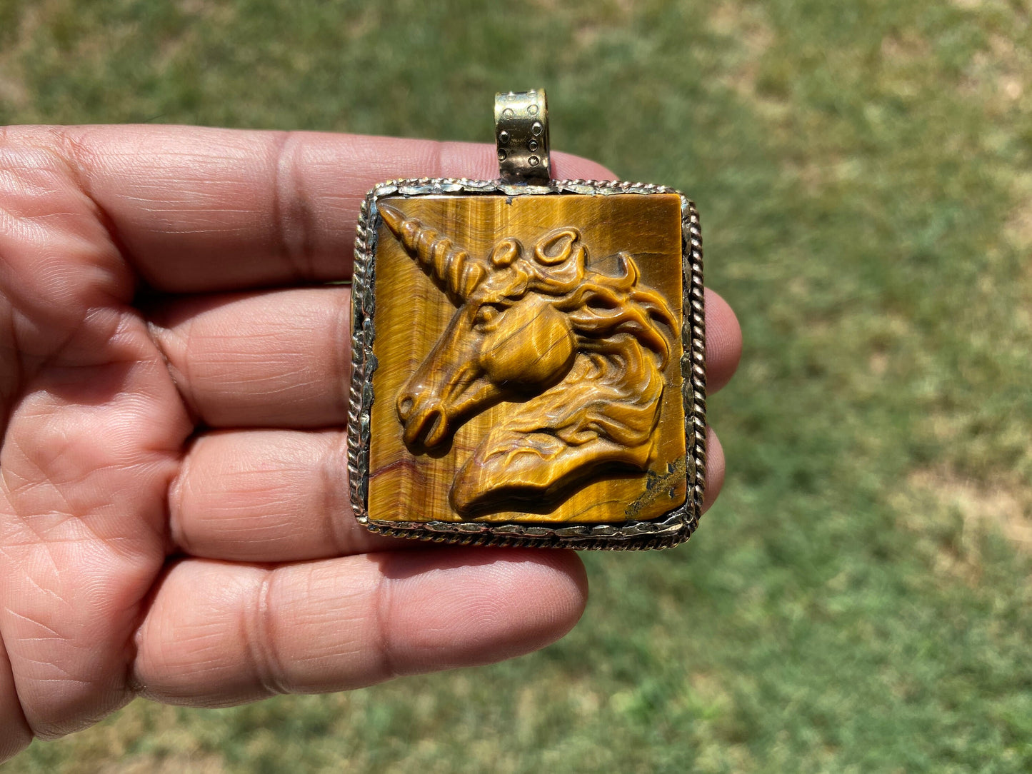 Large Hand Carved Unicorn Pendant, Tiger Eye Natural Stone, Tibetan Silver Pendant, Horse Pendant, Animal Lover's Jewelry, Natural Gemstone