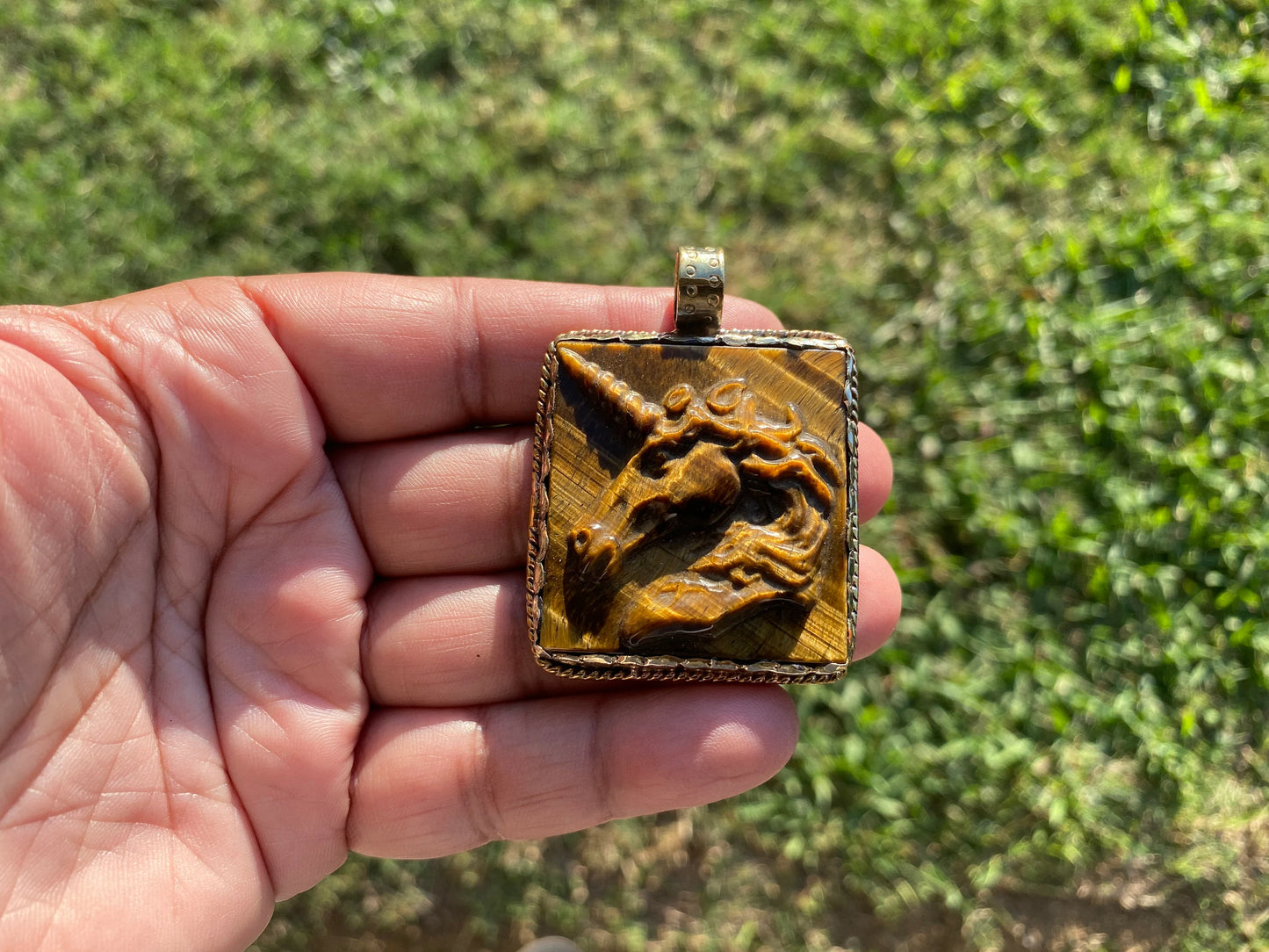 Large Hand Carved Unicorn Pendant, Tiger Eye Natural Stone, Tibetan Silver Pendant, Horse Pendant, Animal Lover's Jewelry, Mythical Jewelry