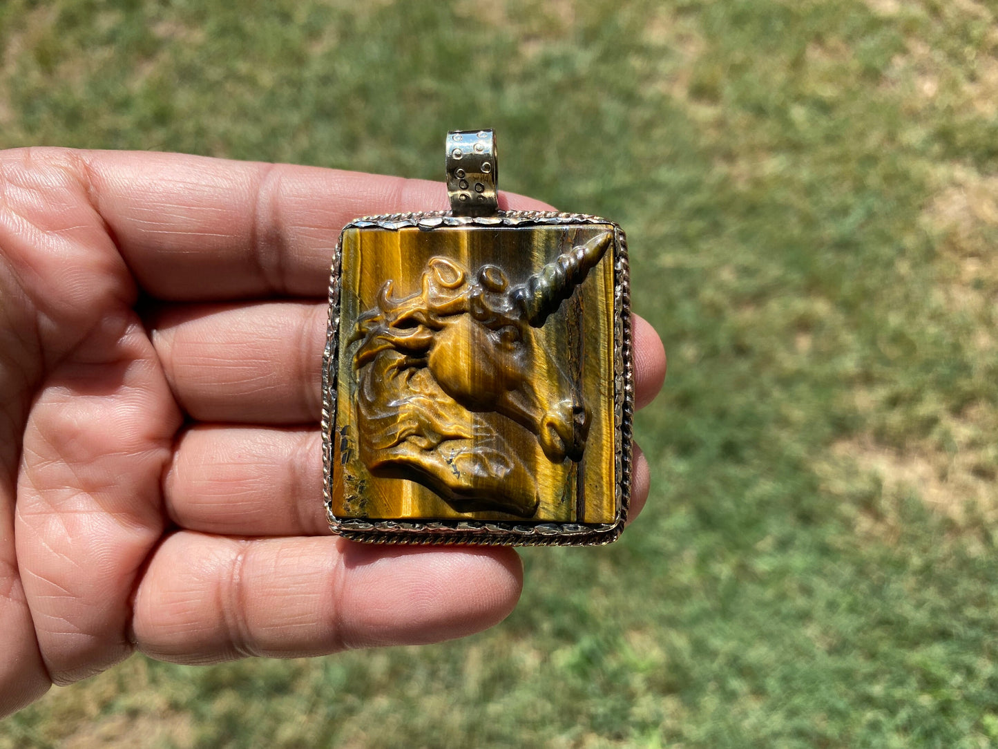 Large Hand Carved Unicorn Pendant, Tiger Eye Natural Stone, Tibetan Silver Pendant, Horse Pendant, Animal Lover's Jewelry, Natural Gemstone