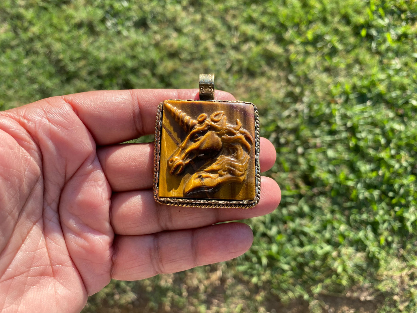 Large Hand Carved Unicorn Pendant, Tiger Eye Natural Stone, Tibetan Silver Pendant, Horse Pendant, Animal Lover's Jewelry, Mythical Jewelry