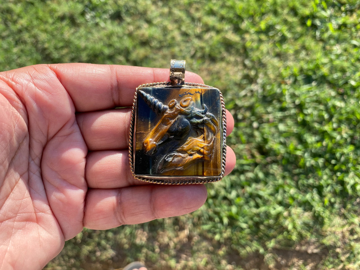 Large Hand Carved Unicorn Pendant, Tiger Eye Natural Stone, Tibetan Silver Pendant, Horse Pendant, Animal Lover's Jewelry, Mythical Jewelry