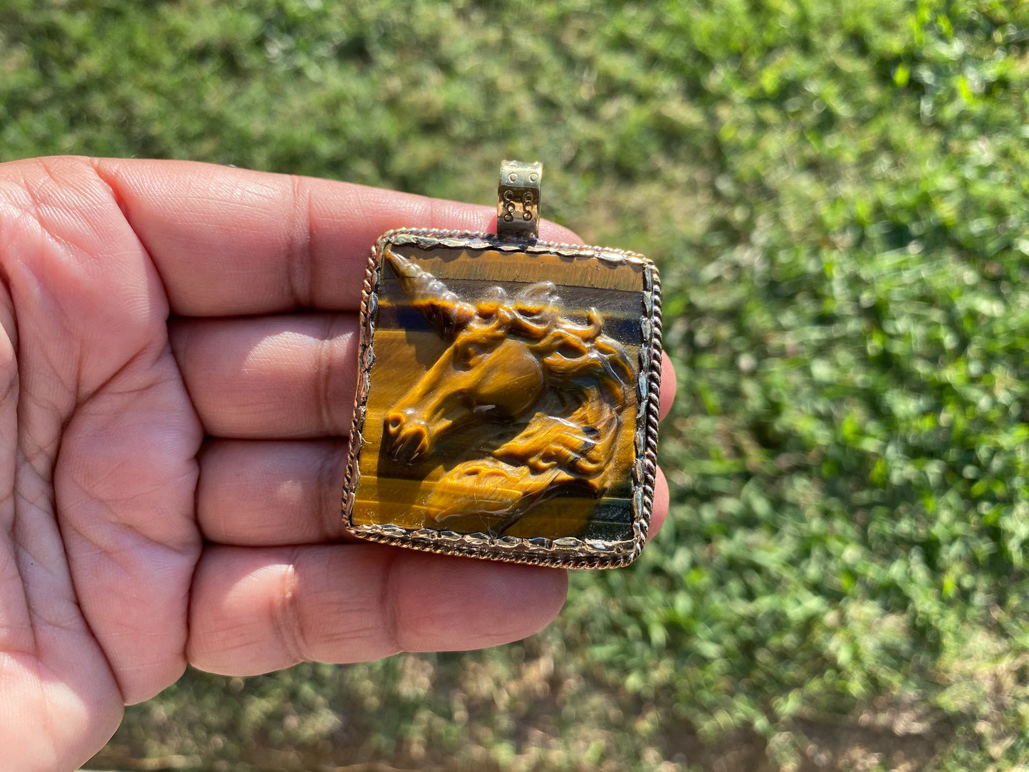 Large Hand Carved Unicorn Pendant, Tiger Eye Natural Stone, Tibetan Silver Pendant, Horse Pendant, Animal Lover's Jewelry, Mythical Jewelry