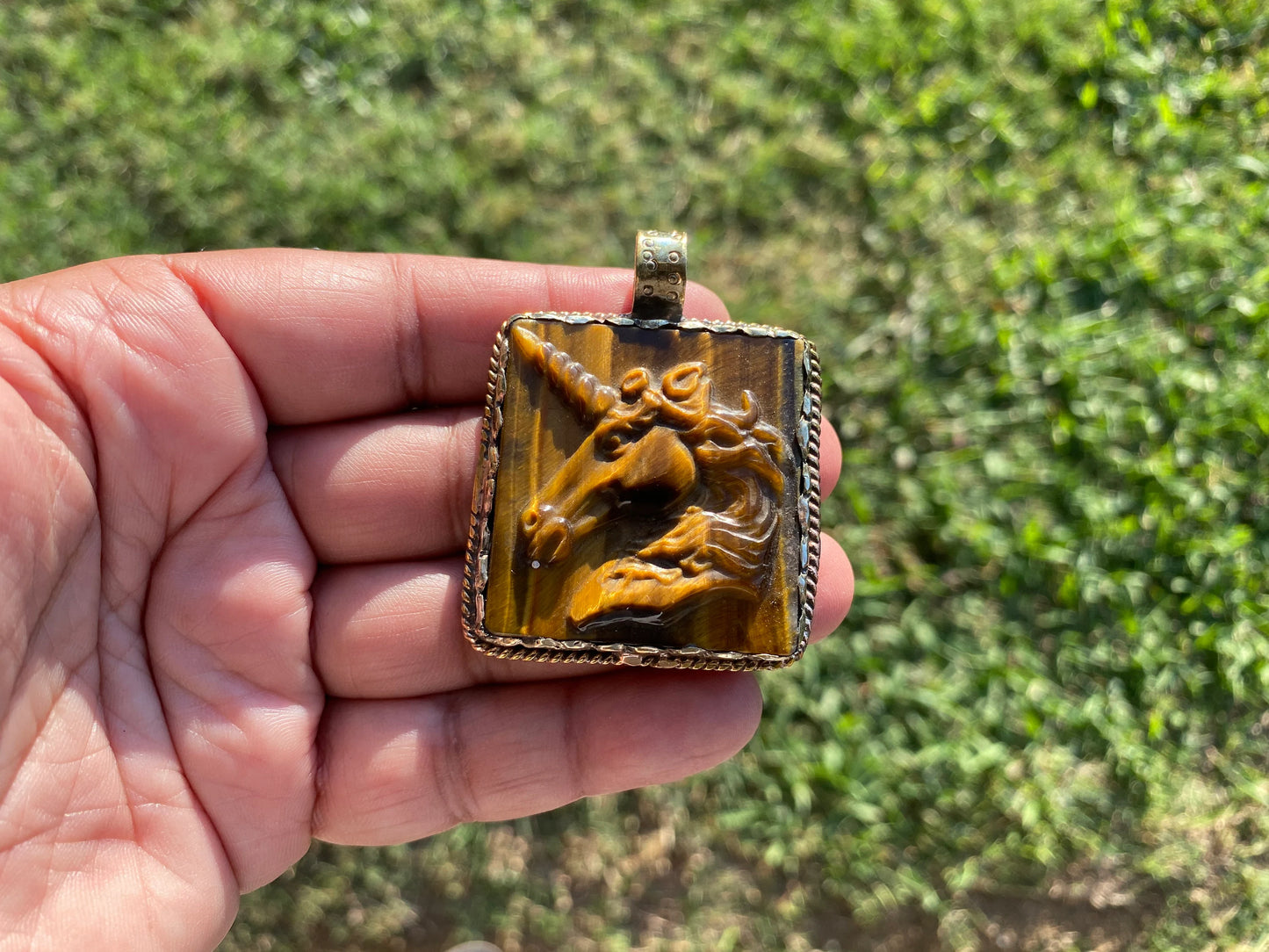 Large Hand Carved Unicorn Pendant, Tiger Eye Natural Stone, Tibetan Silver Pendant, Horse Pendant, Animal Lover's Jewelry, Mythical Jewelry