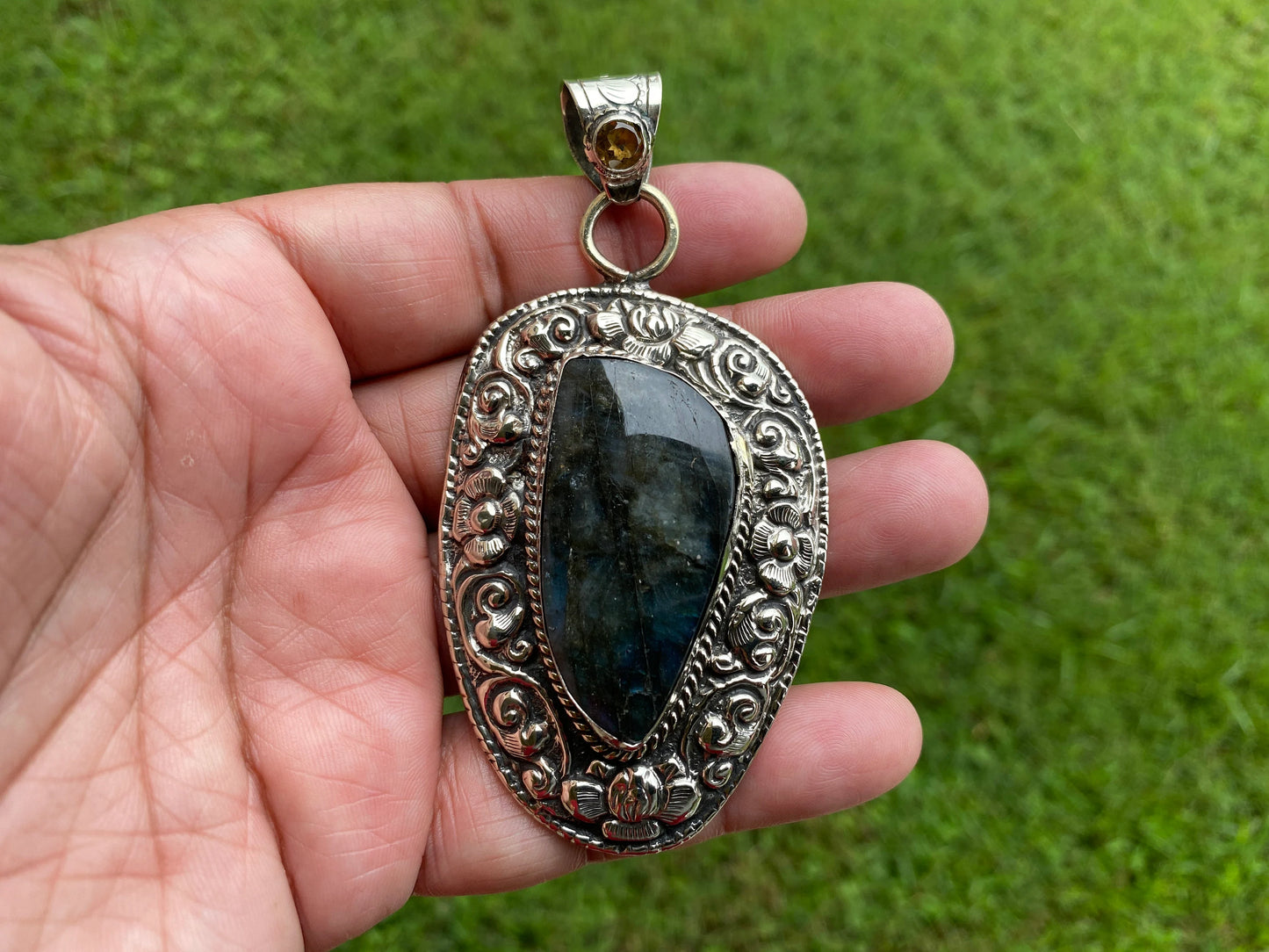 Large Healing Crystal Labradorite with Citrine Gemstone Tibetan Silver Pendant, Labradorite Jewelry for Women, Handmade Gemstone Jewelry