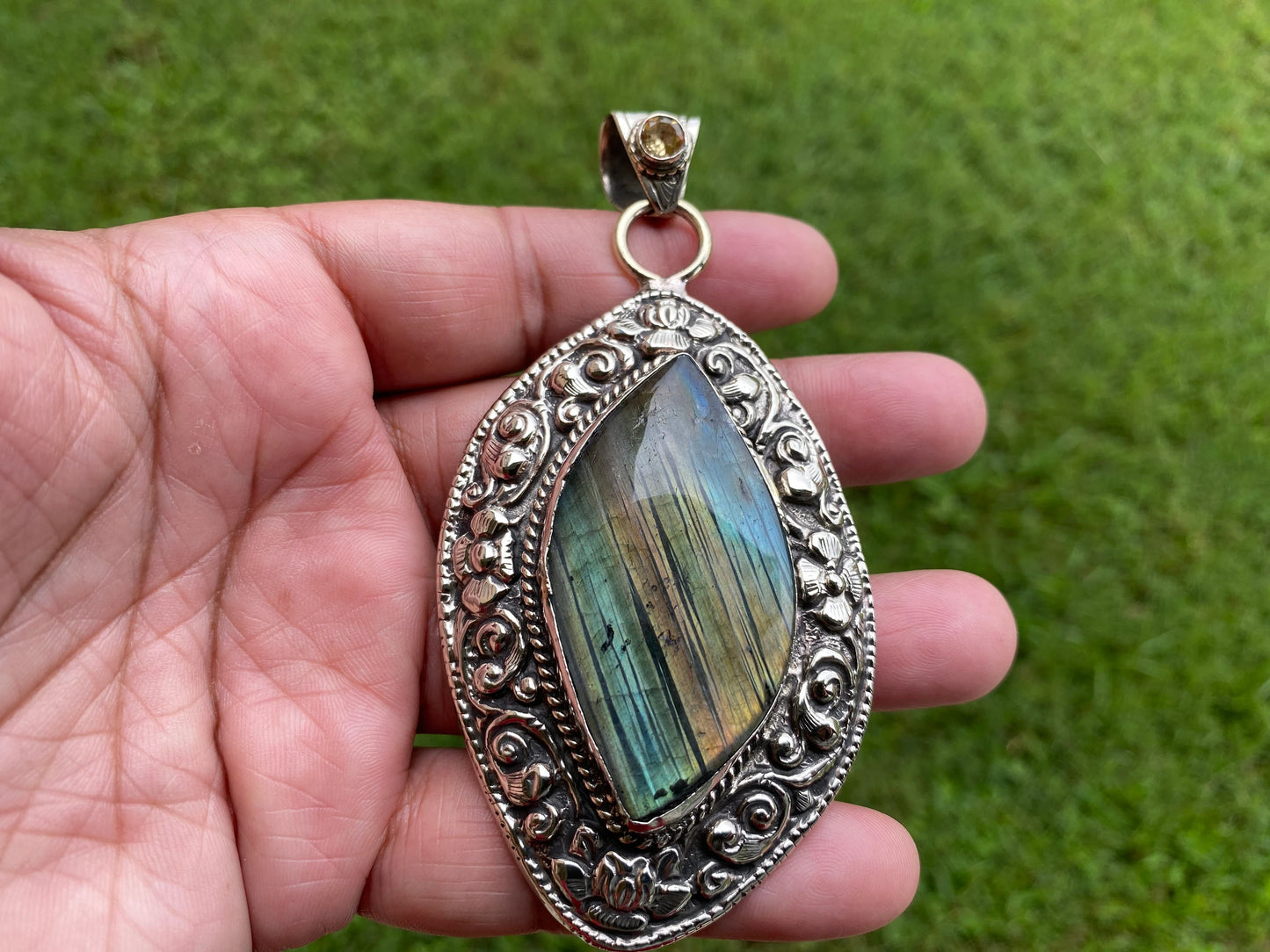 Large Healing Crystal Labradorite with Citrine Gemstone Tibetan Silver Pendant, Labradorite Jewelry for Women, Handmade Gemstone Jewelry