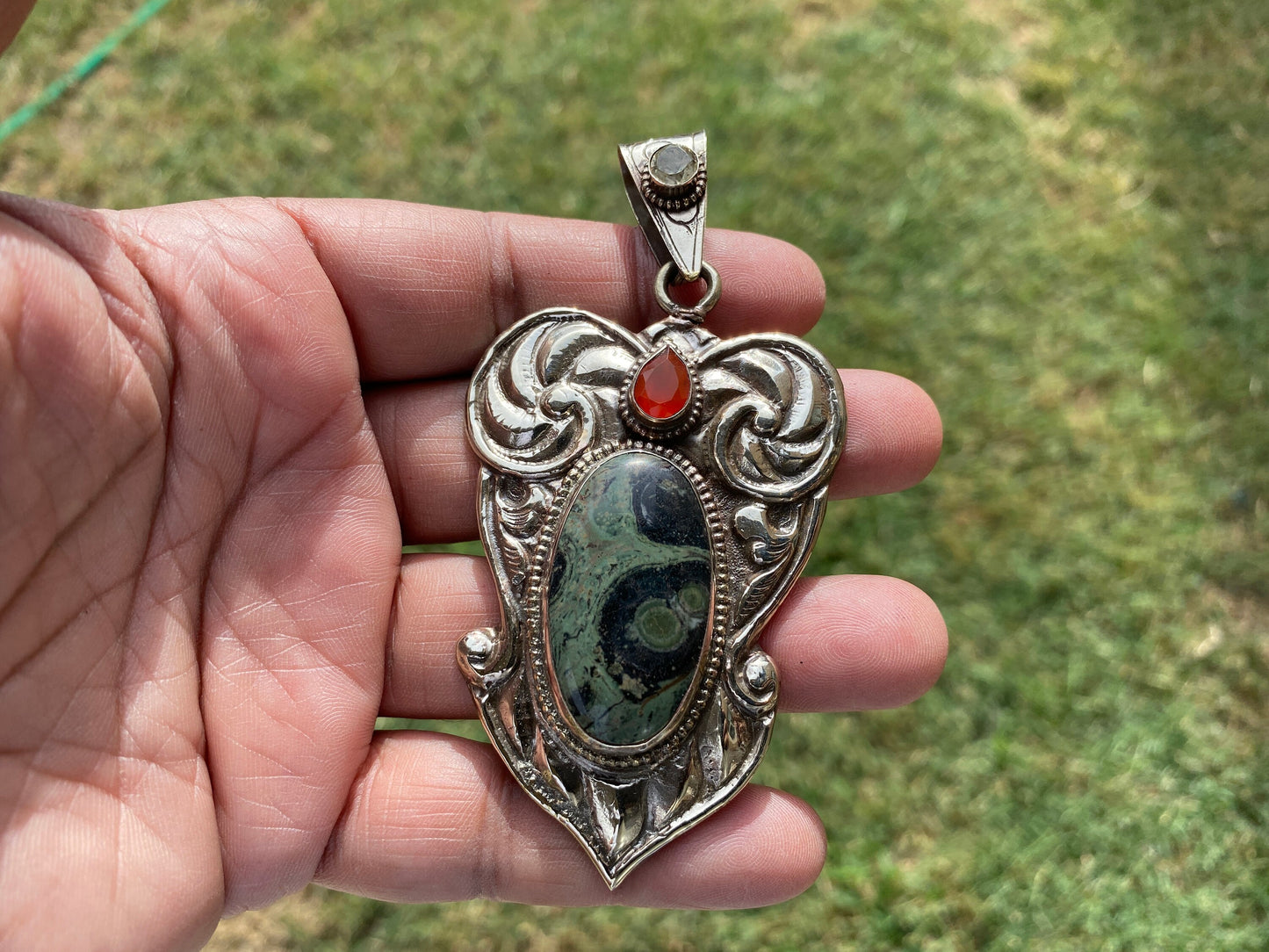 Large Kambaba Jasper With Carnelian Natural Stone, Tibetan Silver Pendant, Ethnic Jewelry, Jewelry for Women, Necklace Pendant Jewelry