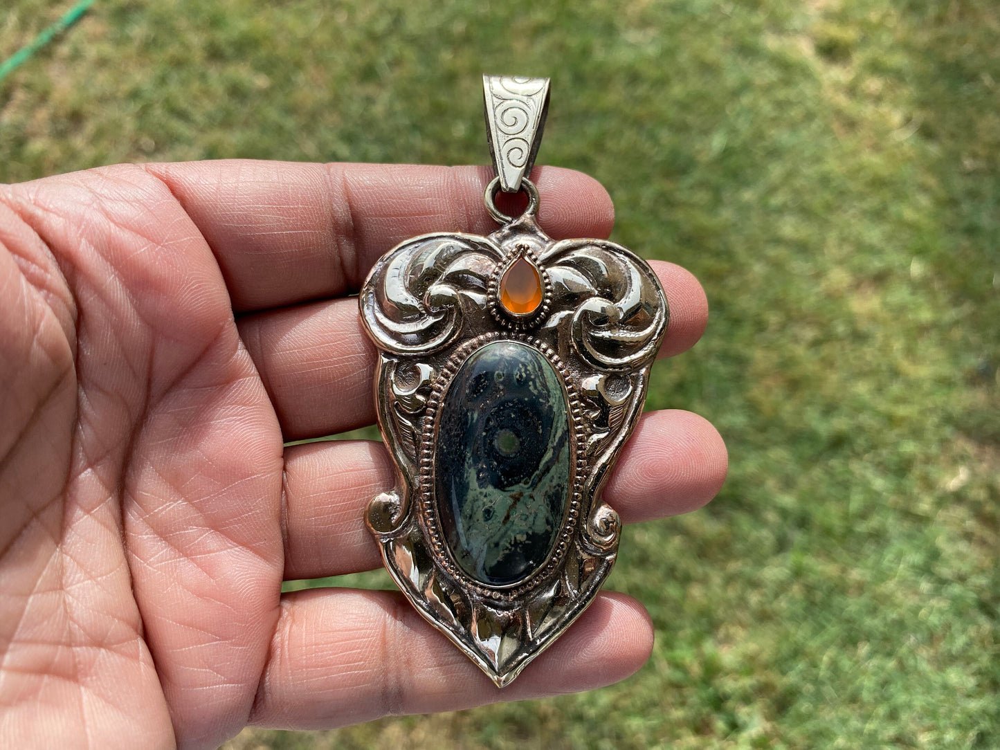 Large Kambaba Jasper With Carnelian Natural Stone, Tibetan Silver Pendant, Ethnic Jewelry, Jewelry for Women, Necklace Pendant Jewelry