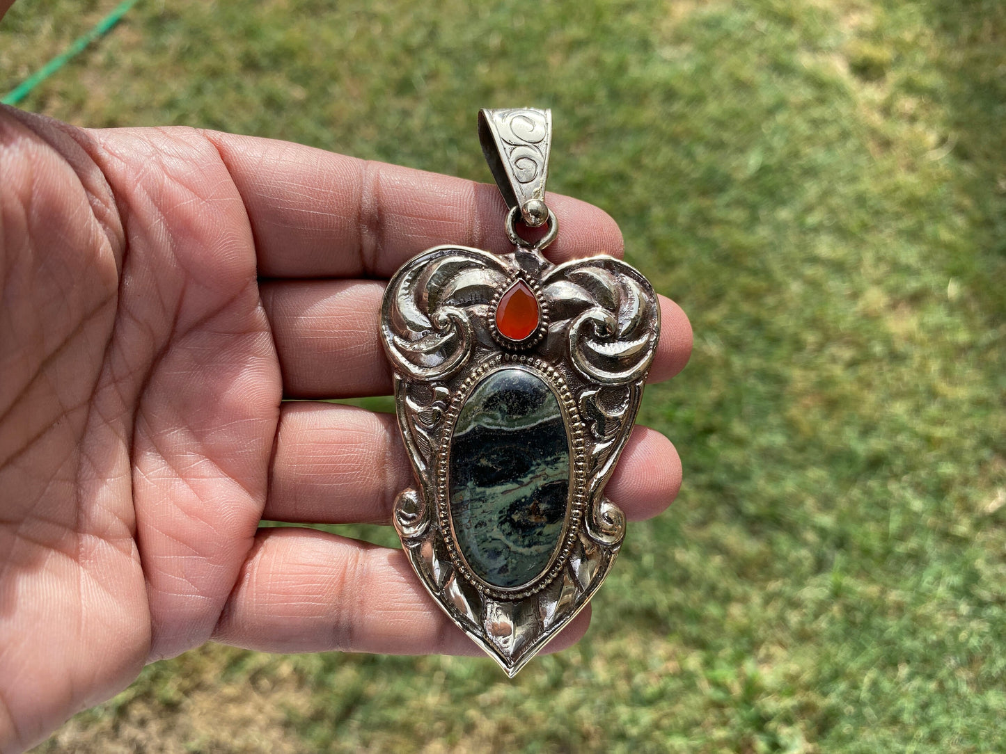 Large Kambaba Jasper With Carnelian Natural Stone, Tibetan Silver Pendant, Ethnic Jewelry, Jewelry for Women, Necklace Pendant Jewelry