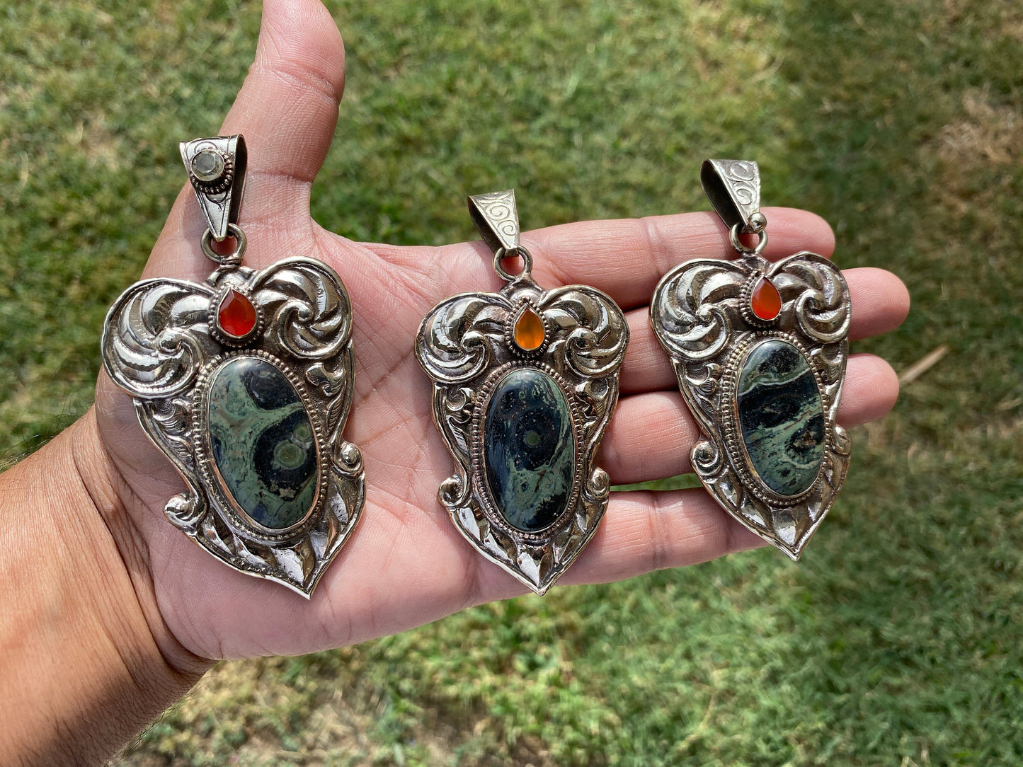 Large Kambaba Jasper With Carnelian Natural Stone, Tibetan Silver Pendant, Ethnic Jewelry, Jewelry for Women, Necklace Pendant Jewelry