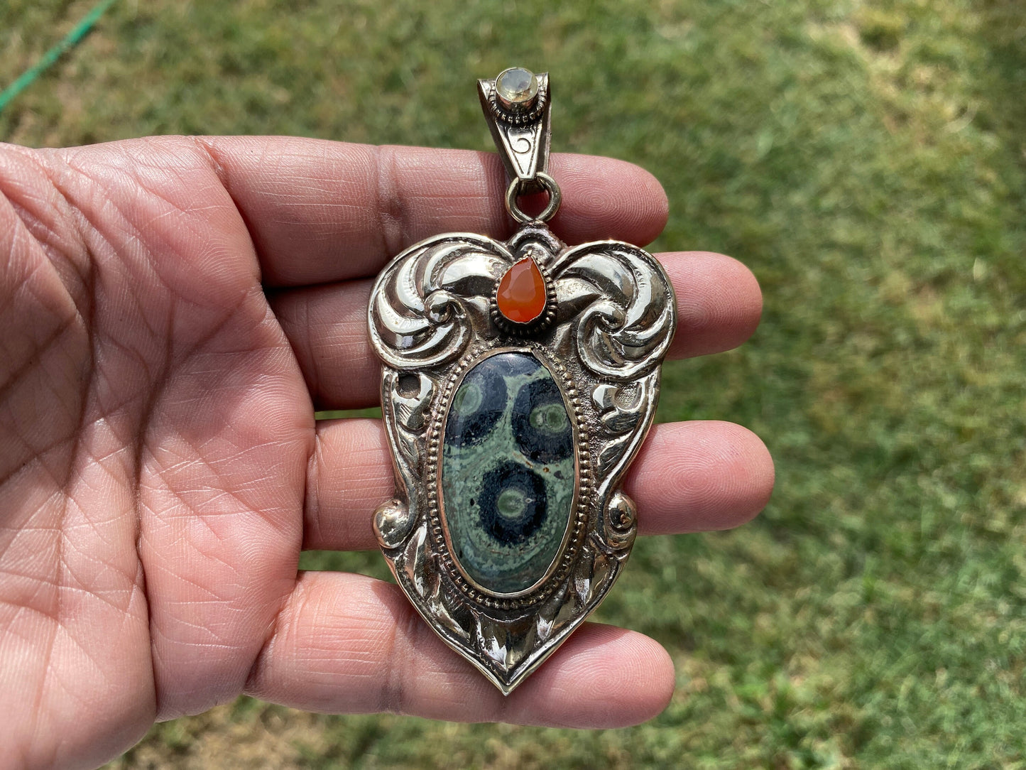 Large Kambaba Jasper With Carnelian Natural Stone, Tibetan Silver Pendant, Ethnic Jewelry, Jewelry for Women, Necklace Pendant Jewelry
