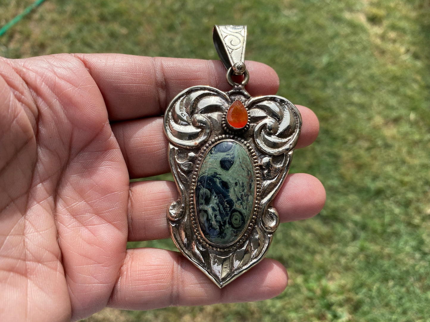 Large Kambaba Jasper With Carnelian Natural Stone, Tibetan Silver Pendant, Ethnic Jewelry, Jewelry for Women, Necklace Pendant Jewelry