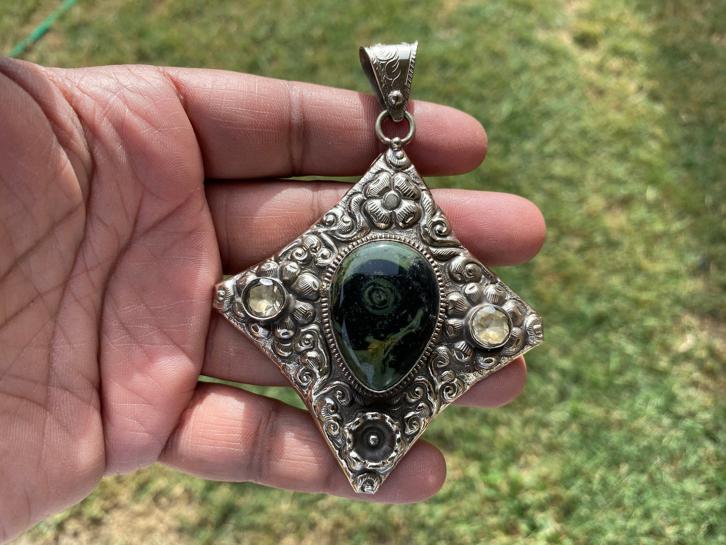 Large Kambaba Jasper With Carnelian Natural Stone, Tibetan Silver Pendant, Ethnic Jewelry, Jewelry for Women, Necklace Pendant Jewelry