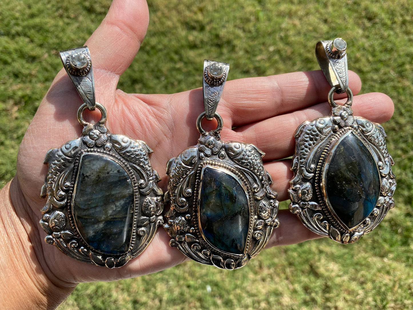 Large Labradorite Natural Stone Tibetan Silver Pendant, Aquamarine Gemstone, Etheric Tibetan Jewelry, Women's Jewelry, Birthstone Locket,