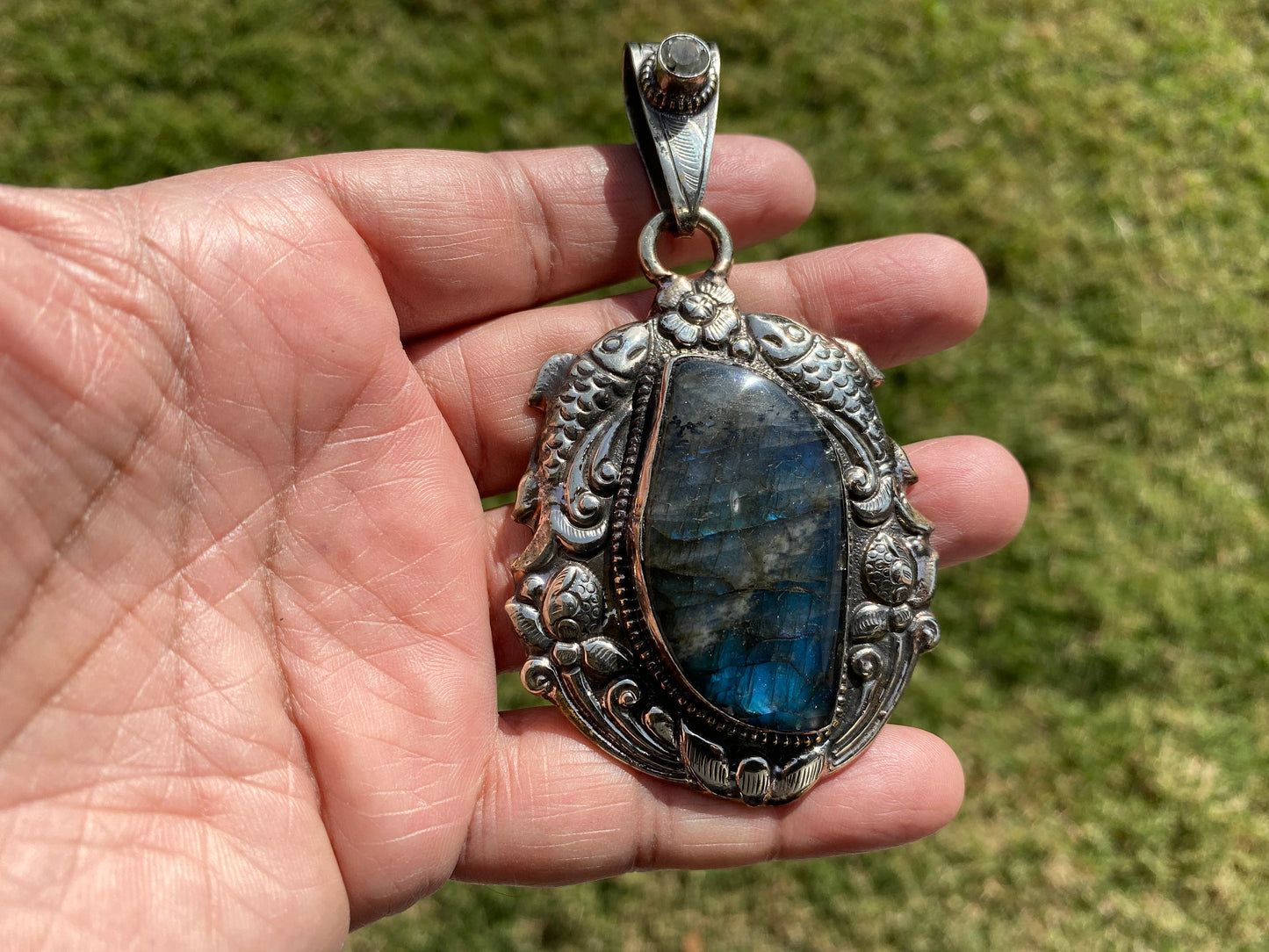 Large Labradorite Natural Stone Tibetan Silver Pendant, Aquamarine Gemstone, Etheric Tibetan Jewelry, Women's Jewelry, Birthstone Locket,