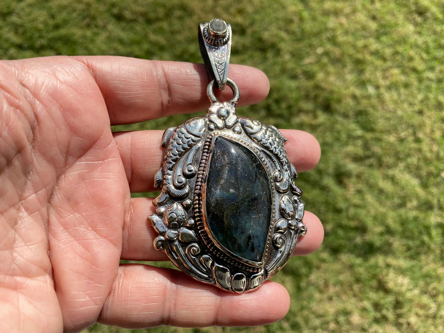 Large Labradorite Natural Stone Tibetan Silver Pendant, Aquamarine Gemstone, Etheric Tibetan Jewelry, Women's Jewelry, Birthstone Locket,