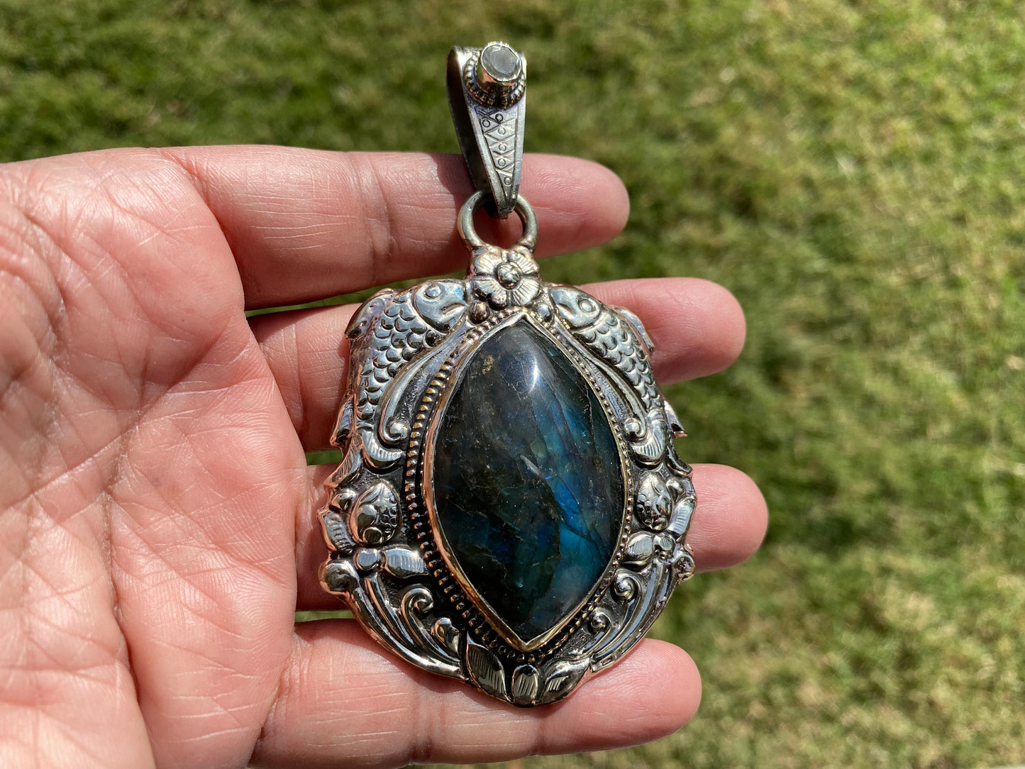 Large Labradorite Natural Stone Tibetan Silver Pendant, Aquamarine Gemstone, Etheric Tibetan Jewelry, Women's Jewelry, Birthstone Locket,