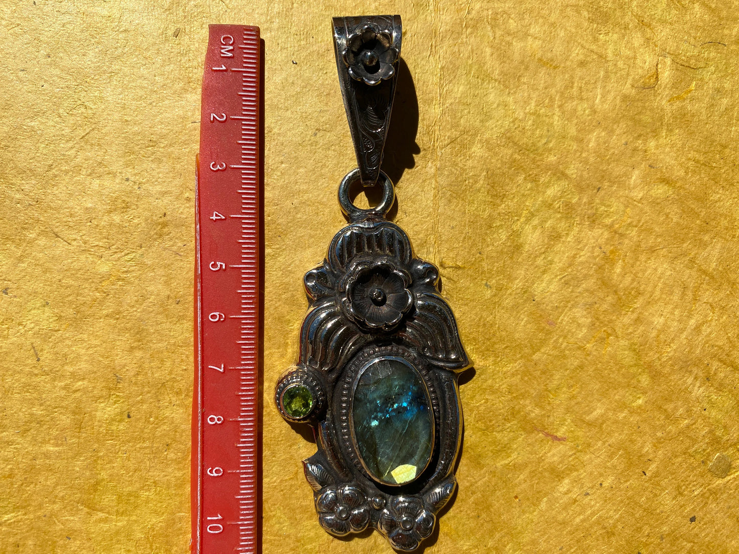 Large Labradorite Tibetan Silver Pendant, Peridot Gemstone, Handcrafted Monkey or Flower Design, Himalayan Ethnic Jewelry, Healing Crystal