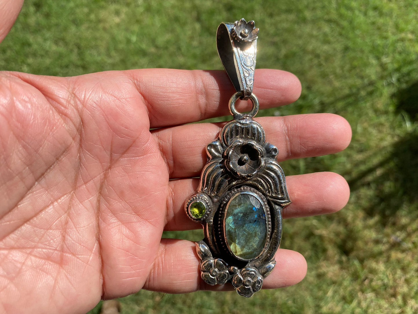 Large Labradorite Tibetan Silver Pendant, Peridot Gemstone, Handcrafted Monkey or Flower Design, Himalayan Ethnic Jewelry, Healing Crystal